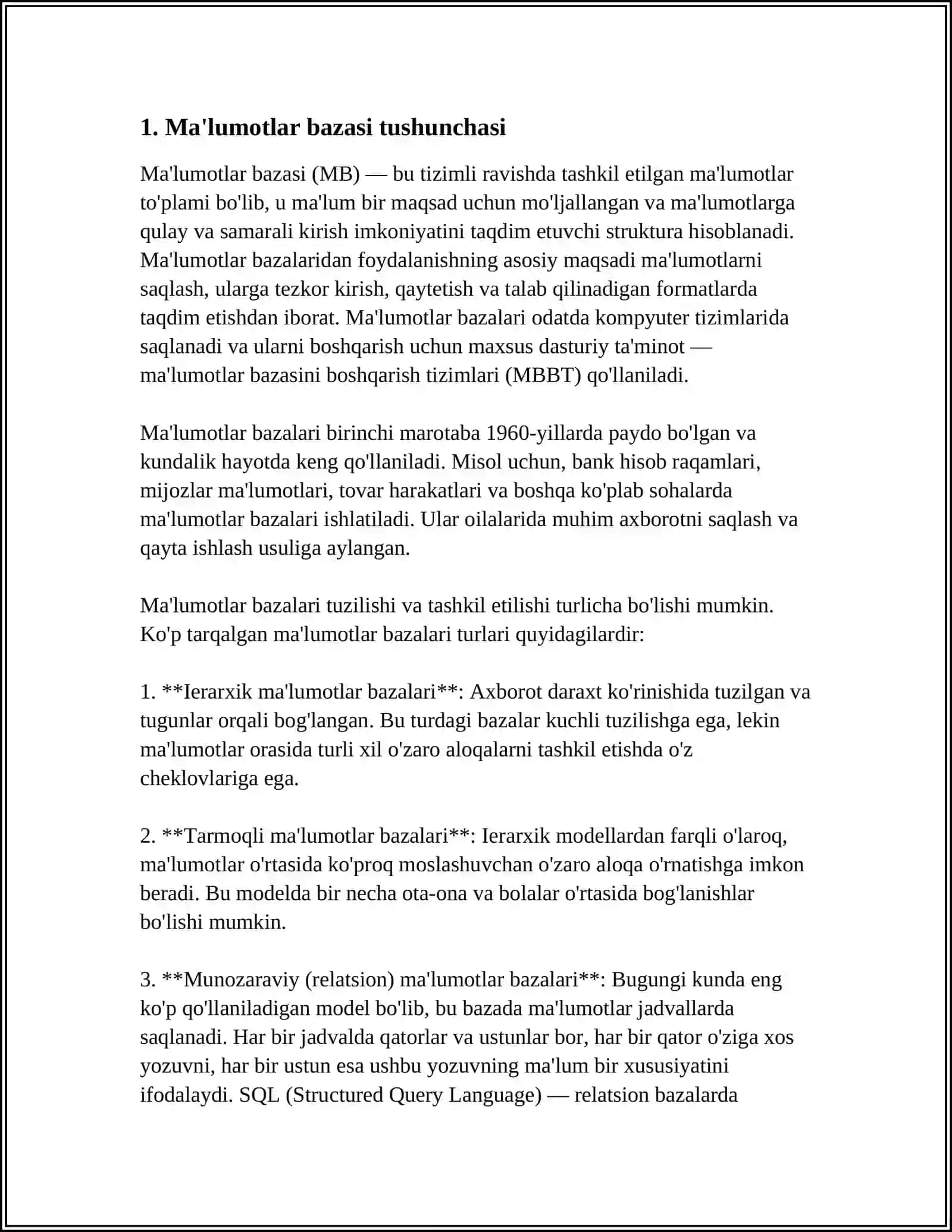 KICHIK LOYIHA – SQLDA ODDIY MA’UMOTLAR BAZASINI YARATISH, MA’LUMOTLAR KIRITISH VA TURLI SO‘ROVLAR YOZISH 3