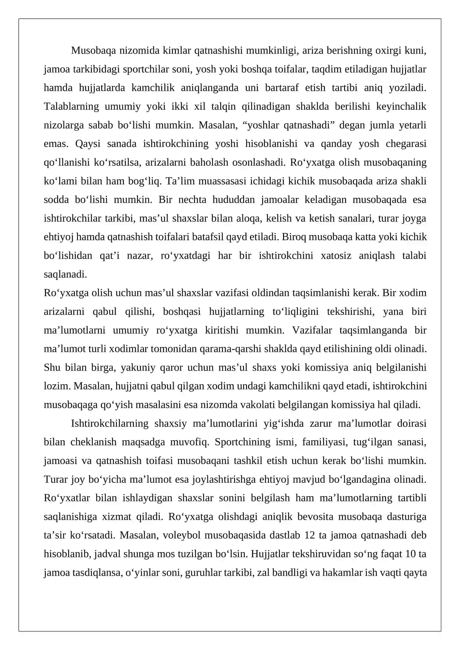 Sport musobaqalarida ishtirokchilarni ro‘yxatga olish va joylashtirish tartibi 3