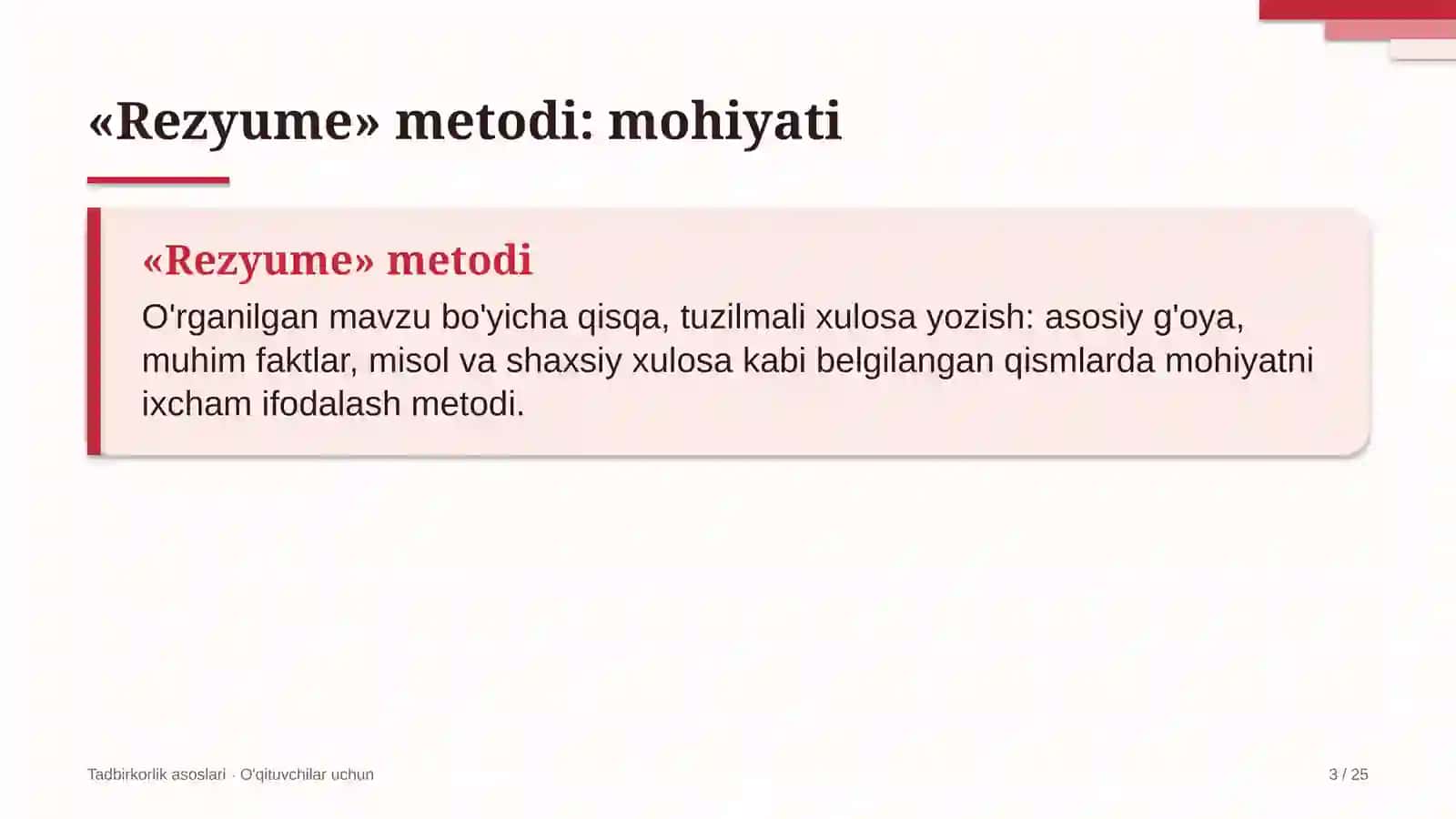 tadbirkorlik asoslari darslarida rezyume metodidan foydalanish 8152 3