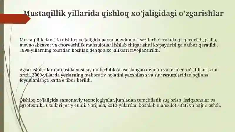 Mustaqillik yillarida qishloq xo'jaligi va sanoat sohasidagi o'zgarishlar 3