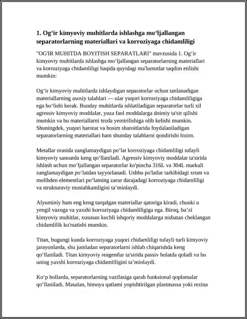 Og'ir kimyoviy muhitlarda ishlashga mo'ljallangan separatorlarning materiallari va korroziyaga chidamliligi 3