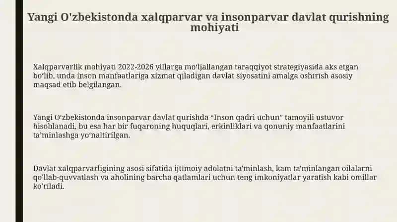 Yangi O'zbekiston: Xalqparvar va Insonparvar Davlat 3