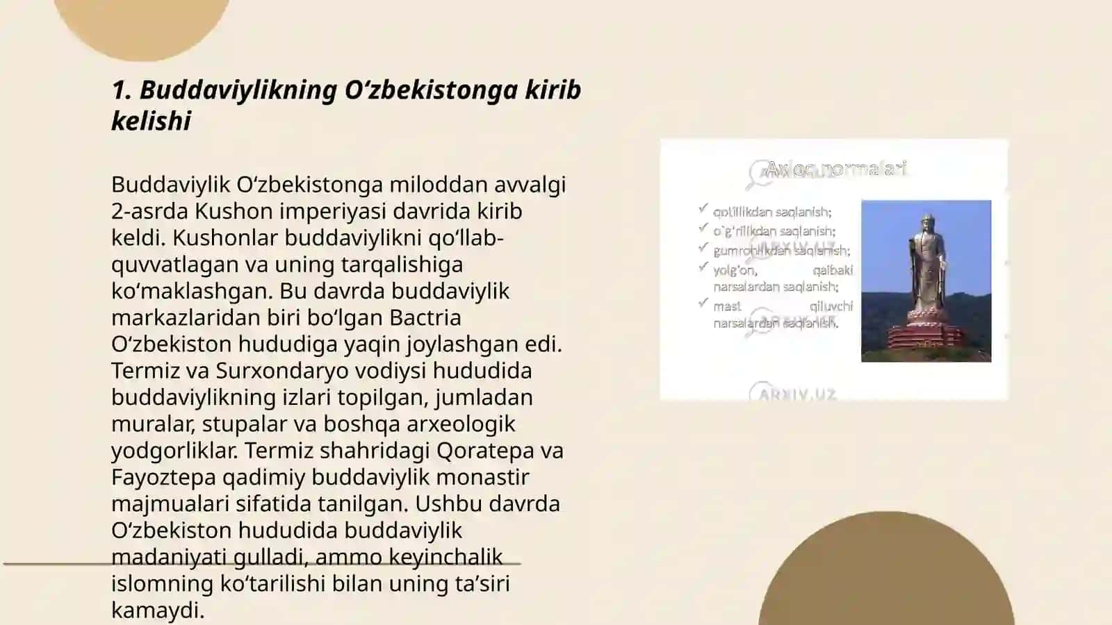 Oʻzbekistonda buddaviylik dinining tarixiy ildizlari (Qaratepa, Fayoztepa, Dalvarzintepa) va hozirgi zamon 3
