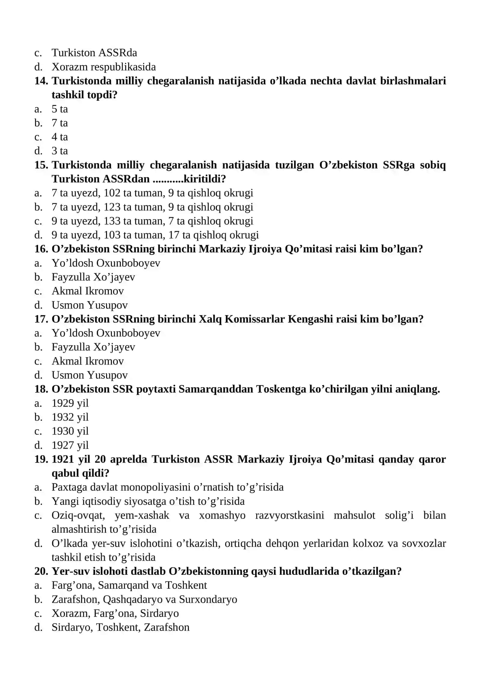 O’zbekiston tarixi fanidan yakuniy davlat attestatsiyasi uchun test savollari to’plami: 2 qism 3