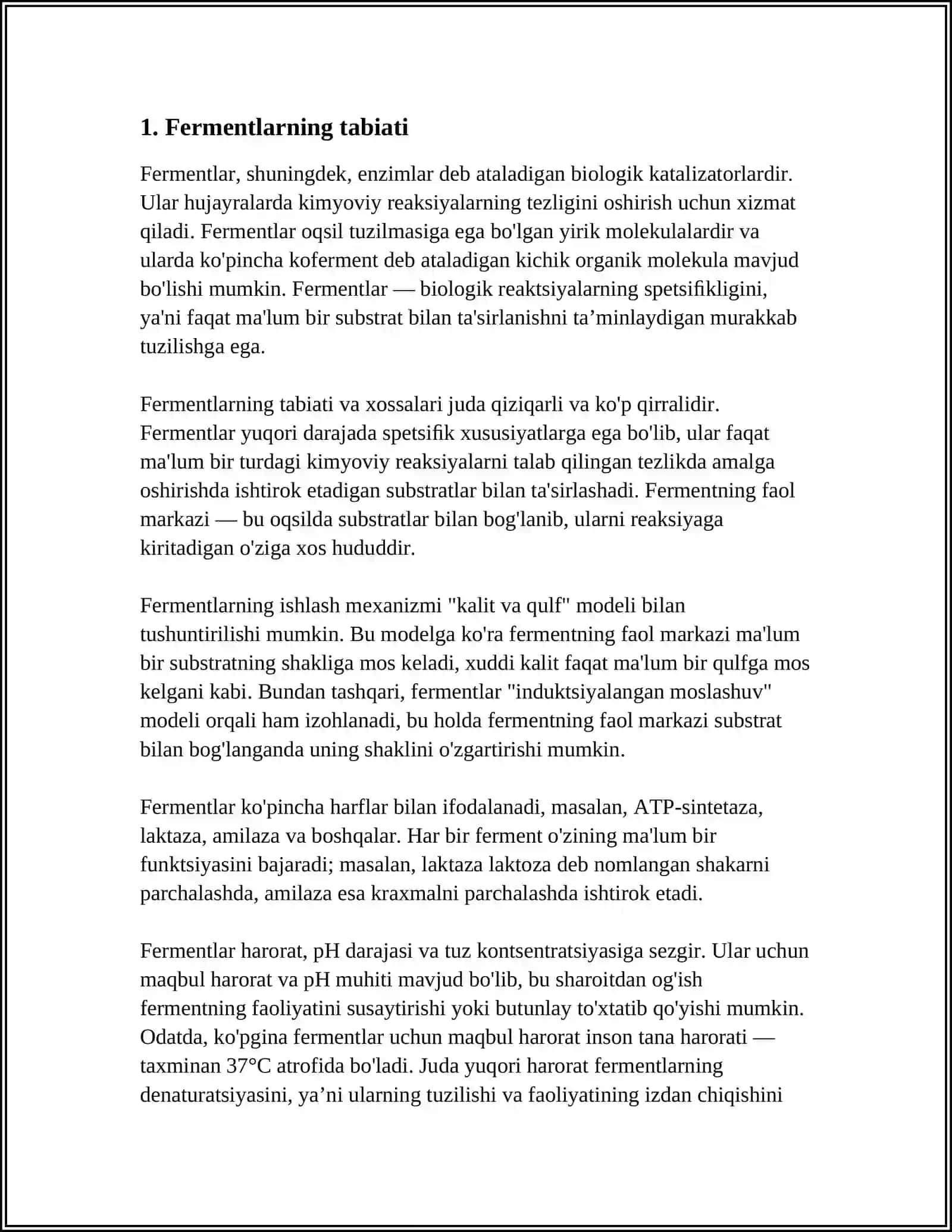 OQSILLARNING KIMYOVIY VA TIBBIY BIOLOGIK XOSSALARI. FERMENTLAR 3