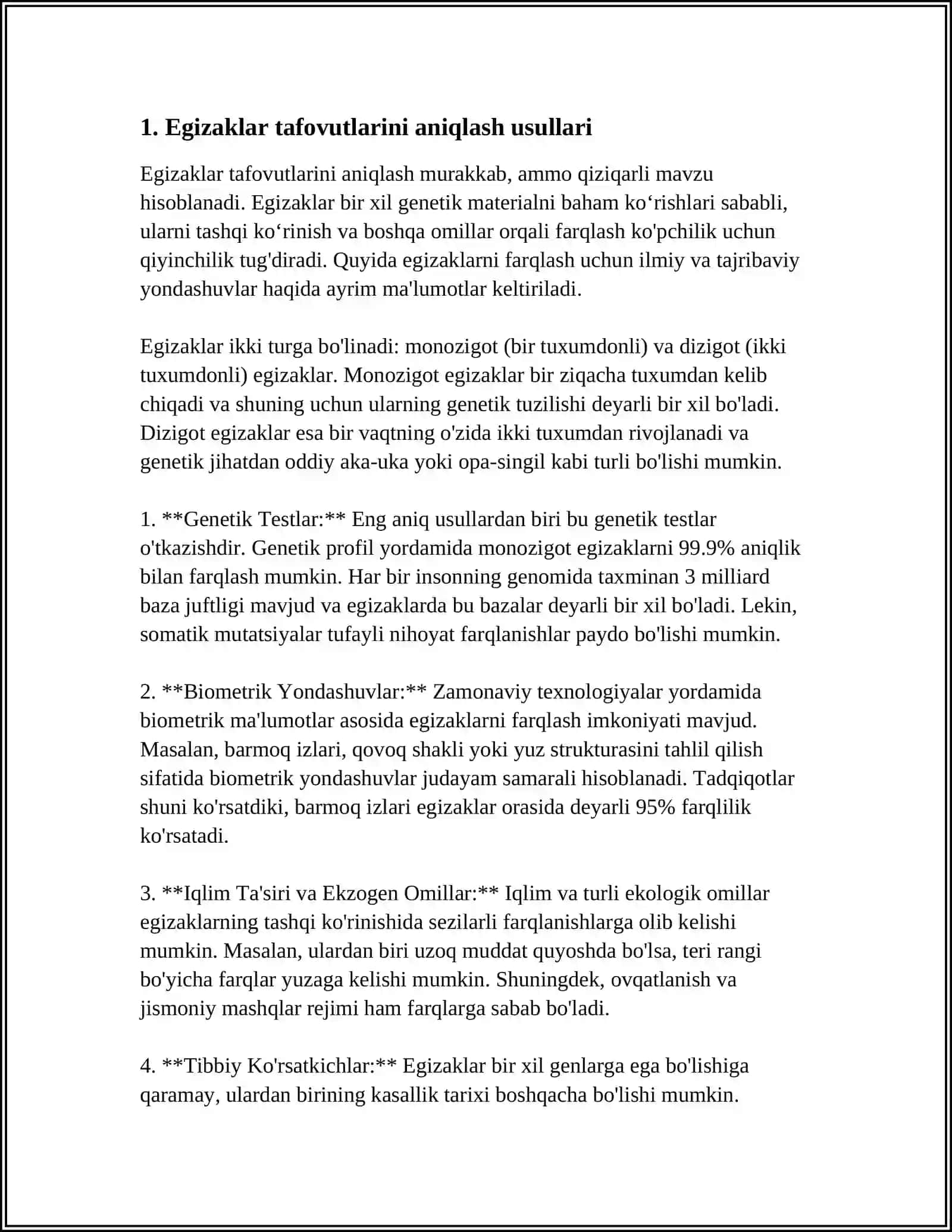 EGIZAKLAR USULI. BIR(BE) VA IKKI TUXUM HUJAYRALI(IE) EGIZAKLARDA UCHRAYDIGAN BELGILARNING KONKORDANTLIGI 3
