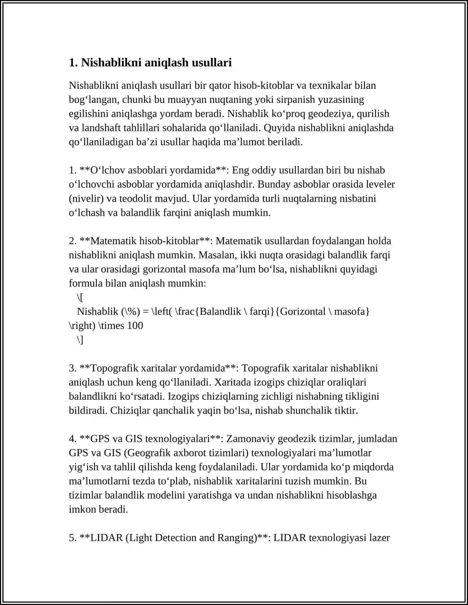 TOPOGRAFIK XARITADA BERILGAN NISHABLIKDAN KATTA BO'LMAGAN NISHABLIKDAGI TRASSA CHIZIG'I QANDAY O'TKAZILADI 3