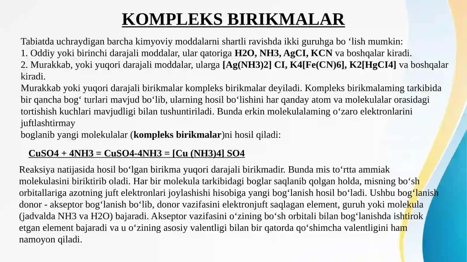 Kompleks birikmalar. Ichki kompleks birikinalar. Biokompleks birikmalar. 3