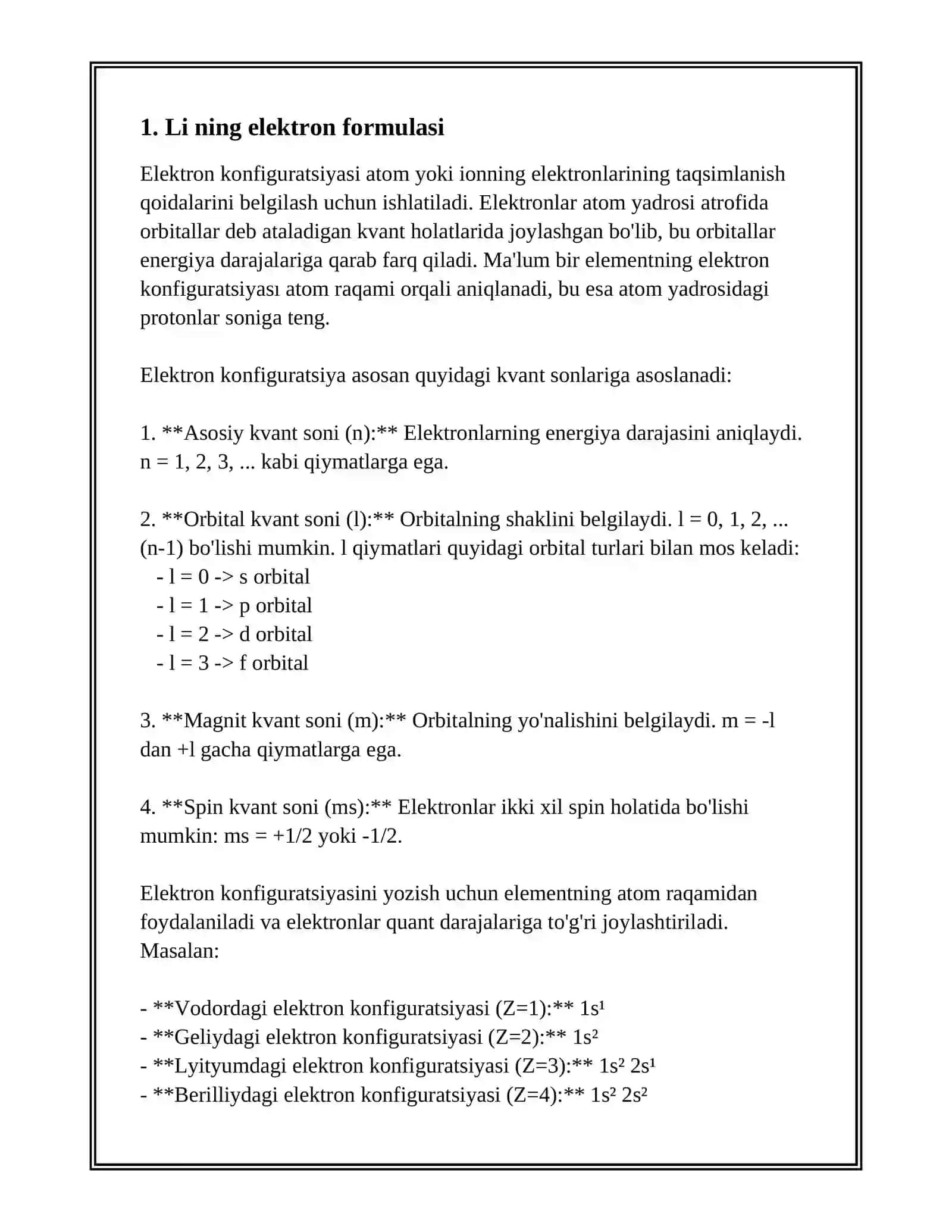 LI NING ELEKTRON FORMULASI, TABIATDA UCHRASHI, OLINISHI, FIZIK VA KIMYOVIY HOSSALARI. GIDRIDLAR, OKSIDLAR, PEROKSIDLAR, GIDROKSIDLAR, NITRIDLAR, SULFIDLAR VA ASOSIY BIRIKMALARNING HOSSALARI, OLINISHI VA ISHLATILISHI. 3
