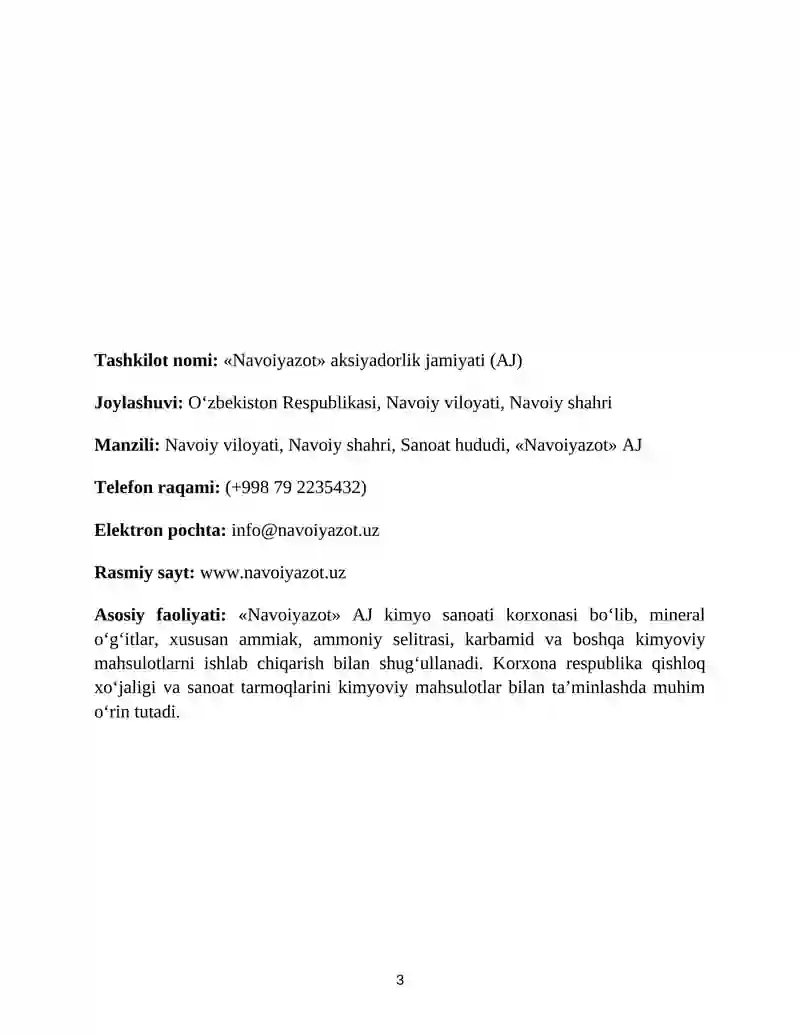 "NAVOIYAZOT" Accounting - Bakalavriat yo‘nalishi talabalari bitiruv oldi amaliyoti bo‘yicha hisobot 3