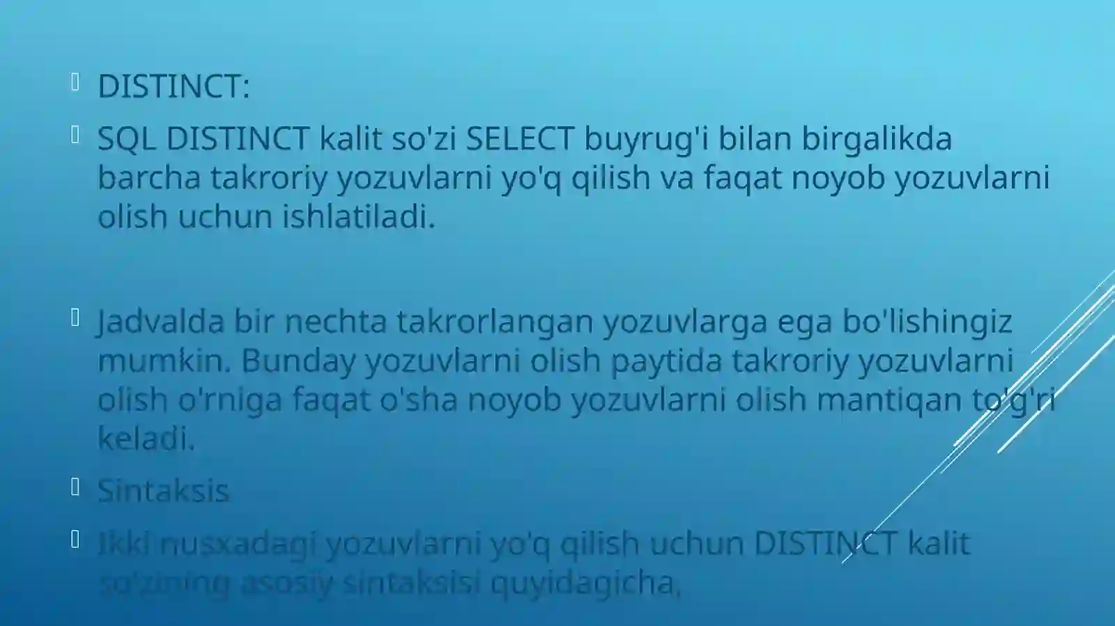SQL serverda having, distinct bandlari va ularning vazifalari: 3