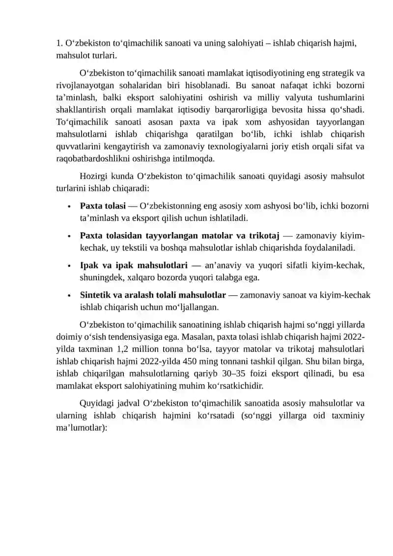 O'zbekiston to'qimachilik sanoatining eksport salohiyati 3