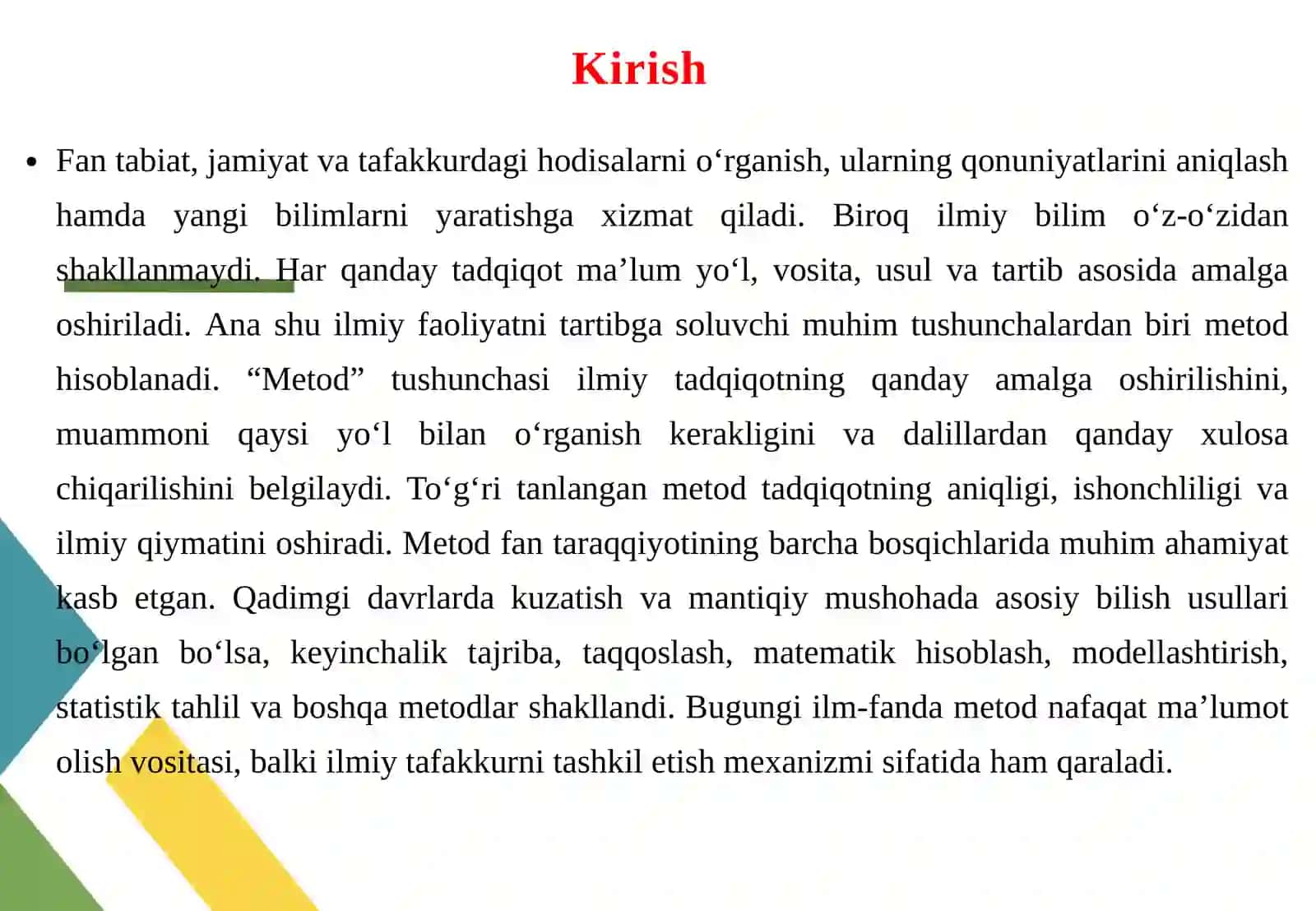 Metod tushunchasi va uning ta’rifining fandagi o‘rni 3