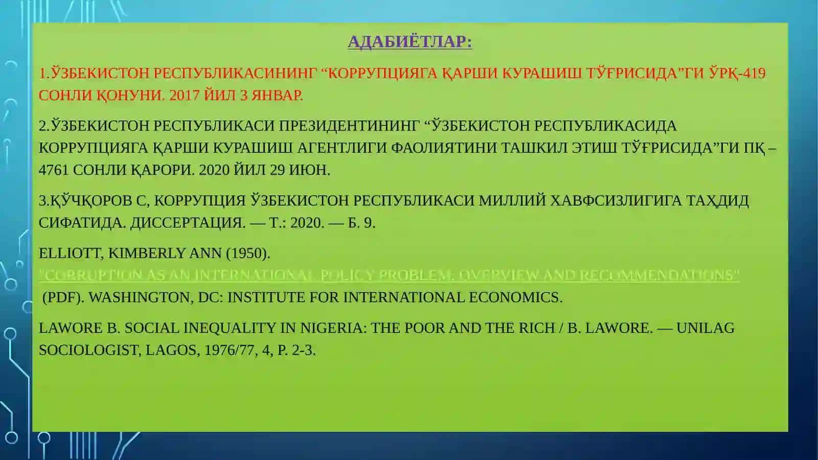 КОРРУПЦИЯ – ГЛОБАЛ МУАММО СИФАТИДА. ЎЗБЕКИСТОНДА КОРРУПЦИЯГА ҚАРШИ КУРАШИШНИНГ ИҚТИСОДИЙ-СИЁСИЙ ВА ИЖТИМОИЙ-ҲУҚУҚИЙ МЕХАНИЗМЛАРИ 3