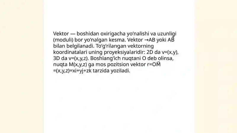 Vektorlar, vektor kordinatalari bilan berilgan vektorlar ustida amallar 3