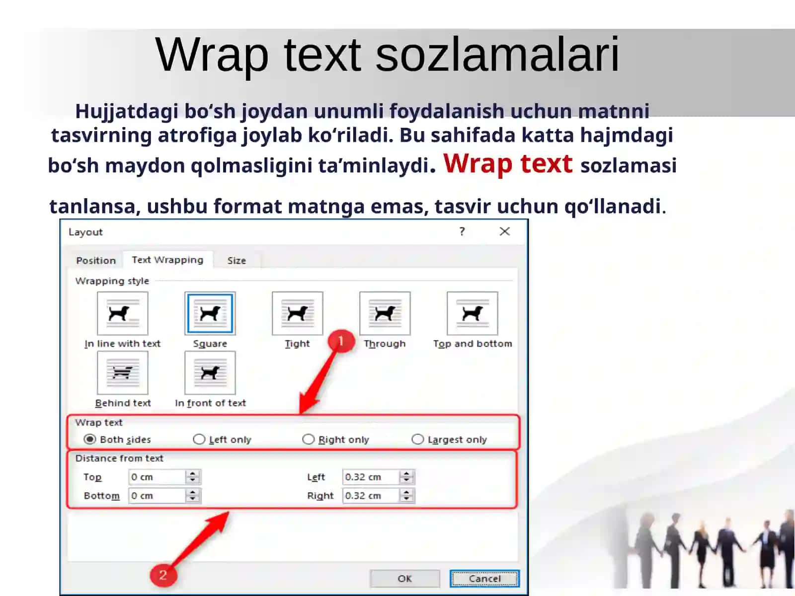 Wrap text sozlamalaridan foydalanish. Tasvirni qirqish va o‘lchamini o‘zgartirish. 3