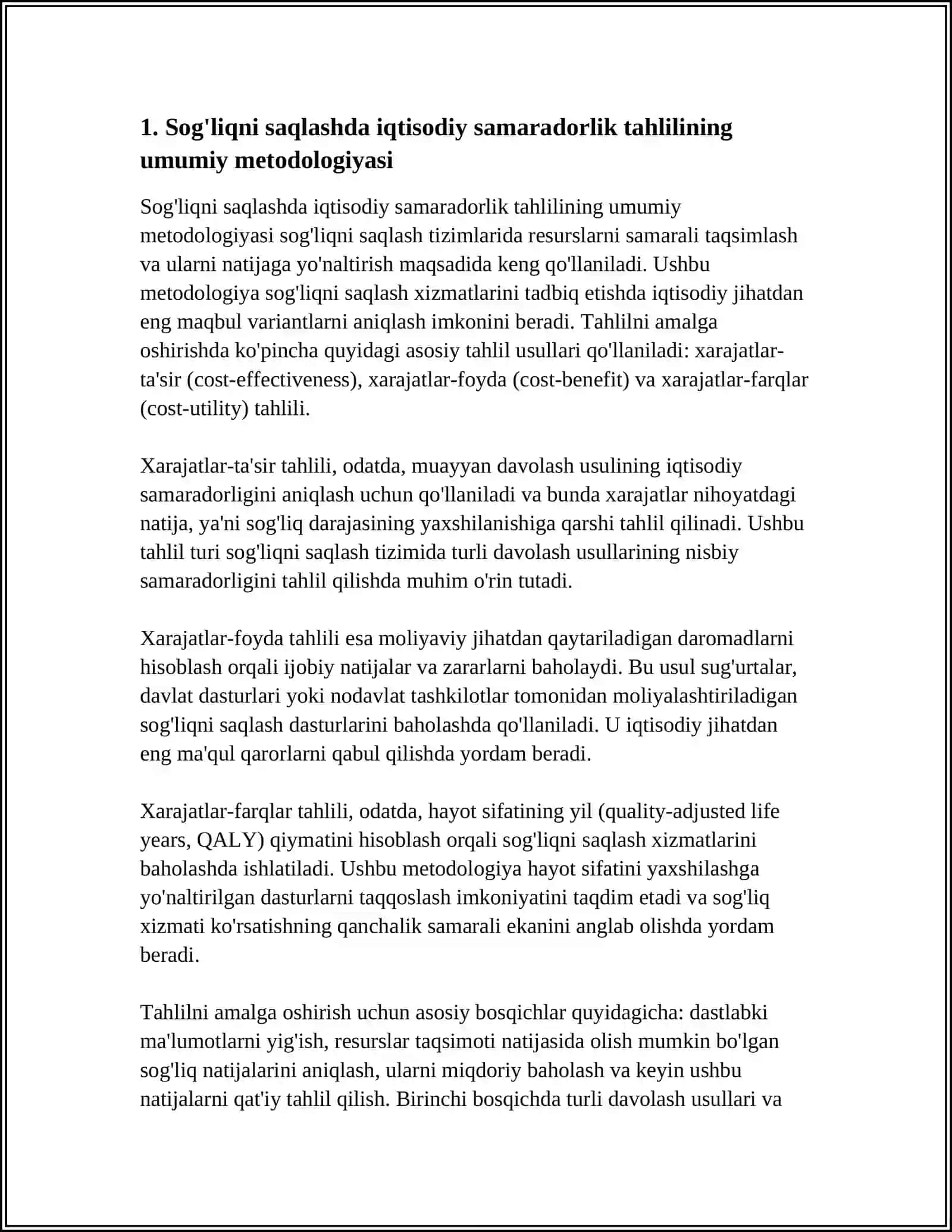 SOG'LIQNI SAQLASHNING IQTISODIY SAMARADORLIGINI TAHLIL QILISH USULI 3