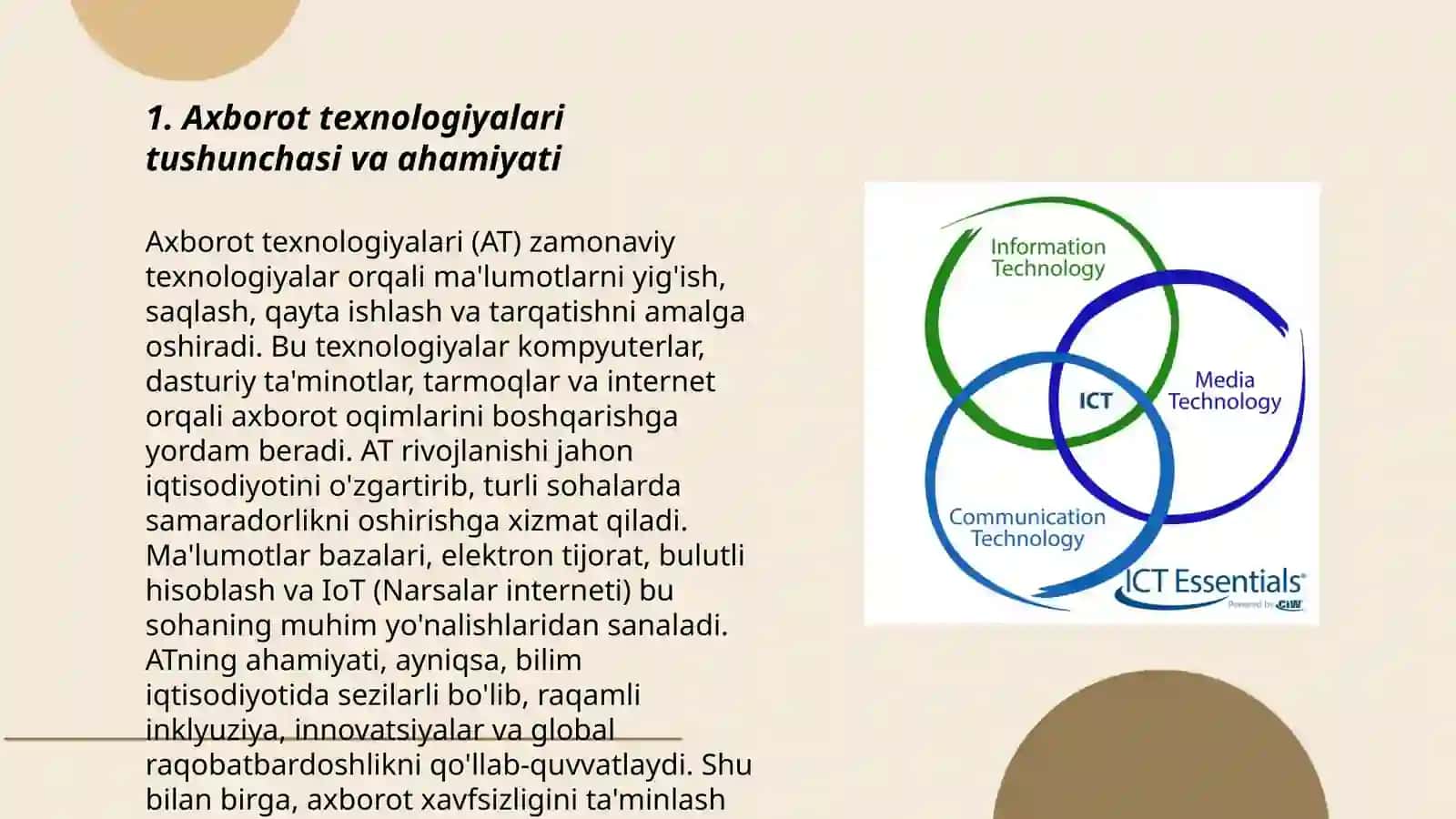 Axborot texnologiyalari va sohada axborot kommunikatsiya texnalogiyaning asosiy tushunchalari 3