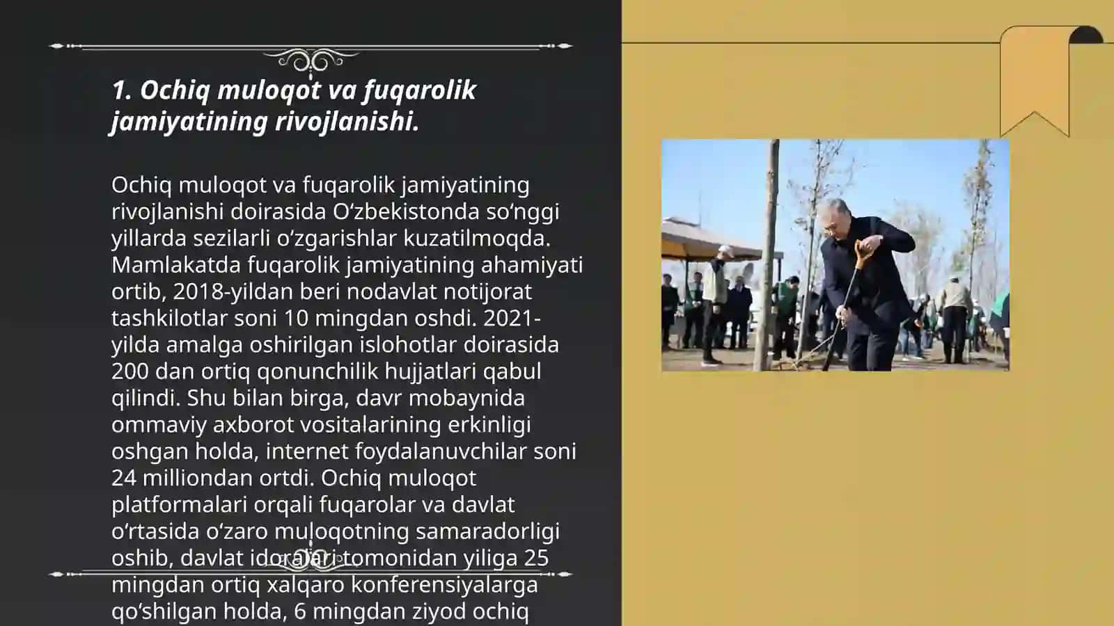 Yangi Oʻzbekistonda Prezident Shavkat Miromonovich Mirziyoyev rahbarligi va tashabbusi ostida amalga oshirilgan islohotlar 3