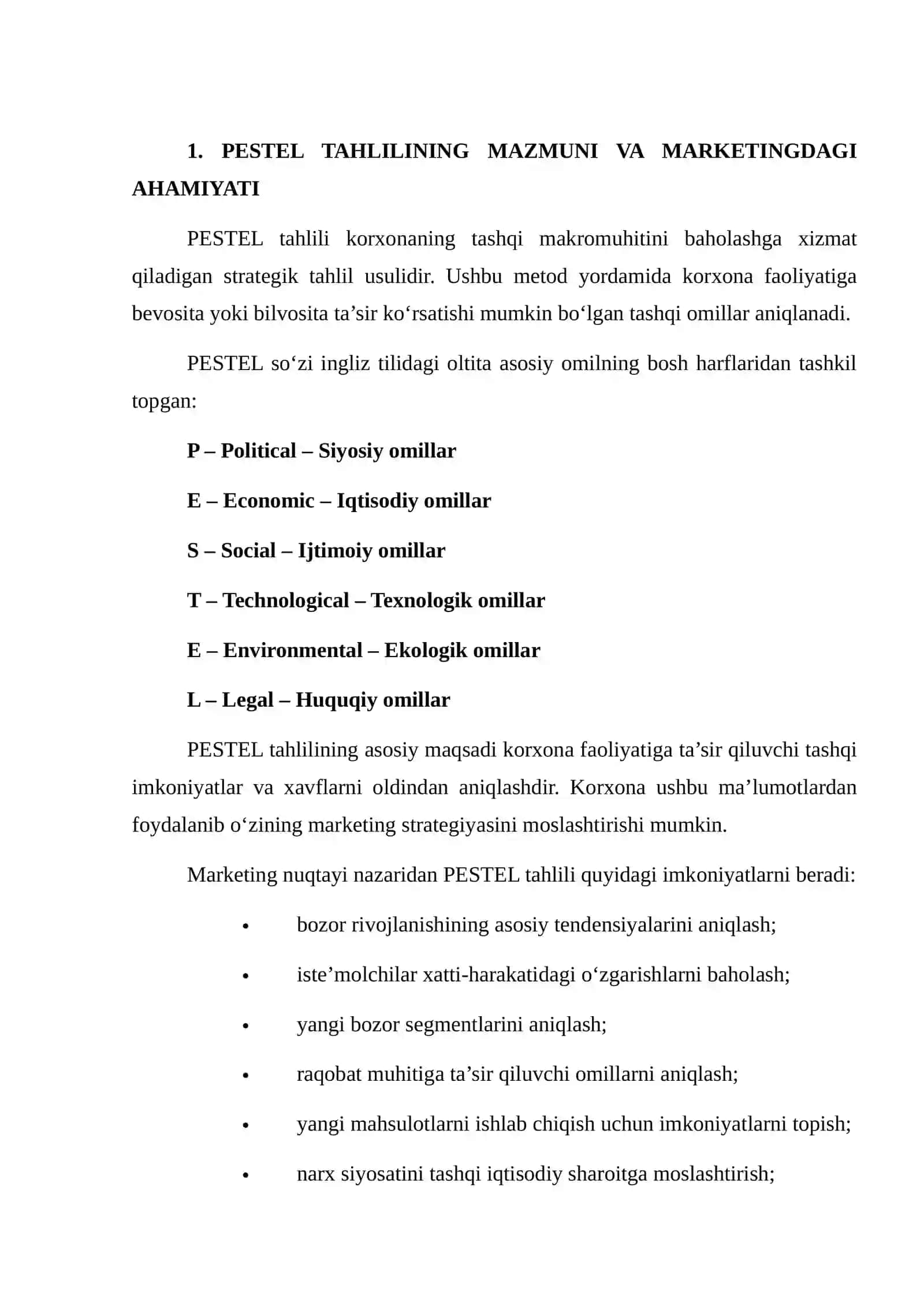 O'ZBEKISTON OZIQ OVQAT SANOATI KORHONASI MISOLIDA PESTEL TAHLILINI AMALGA OSHIRISH VA STRATEGIK MARKETING QARORLARINI ISHLAB CHIQISH 3