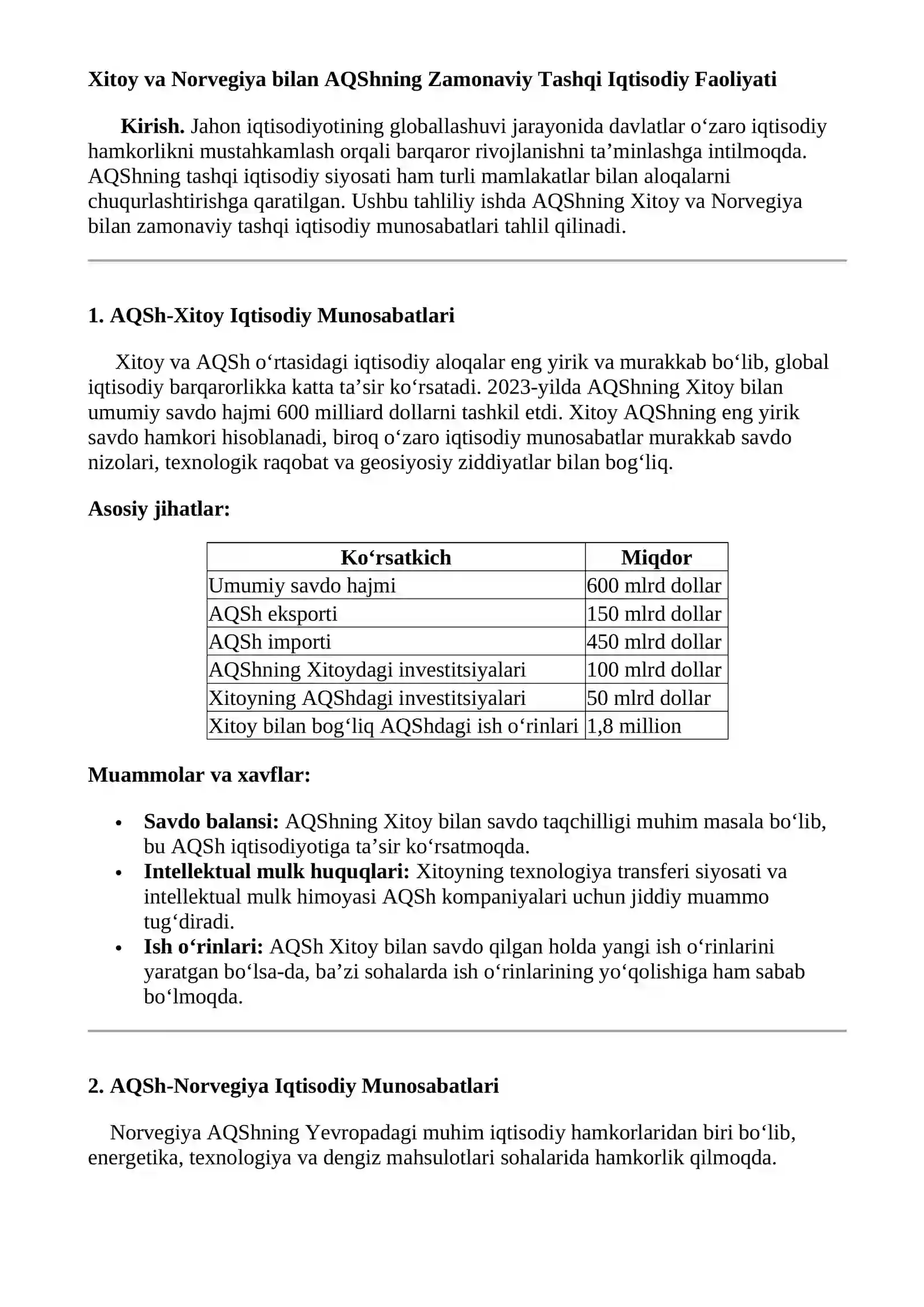 AQSHning Norvegiya va Xitoy bilan zamonaviy tashqi iqtisodiy faoliyatining rivojlanishini tahlil qilish 3