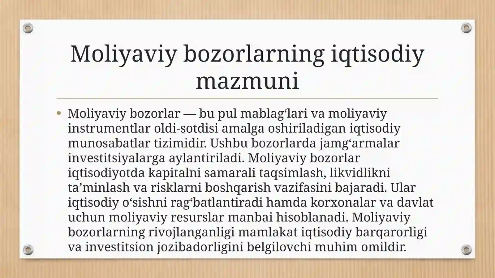 Moliyaviy bozorlar va ularning turlari hamda O‘zbekiston Respublikasida tutgan o‘rni 3