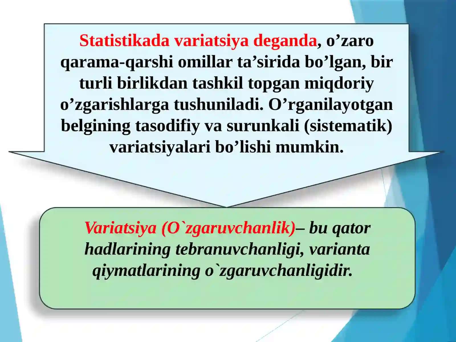 VARIATSIYA, ASIMMETRIYA VA EKSSESS KO`RSATKICHLARI 3