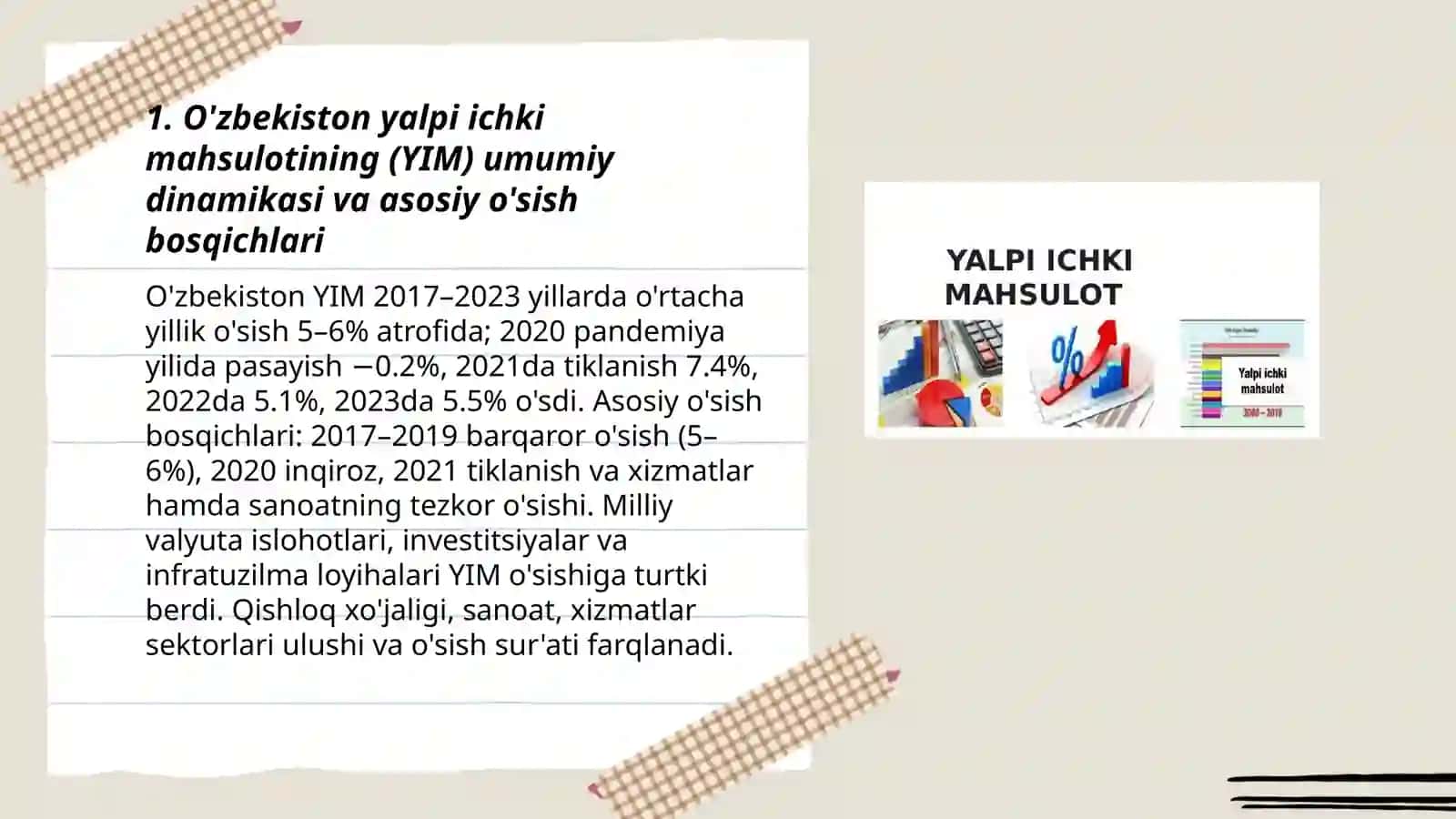 O'zbekiston iqtisodiyotida yalpi ichki mahsulotning dinamikasi va tarmoqlar kesimidagi tarkibi 3