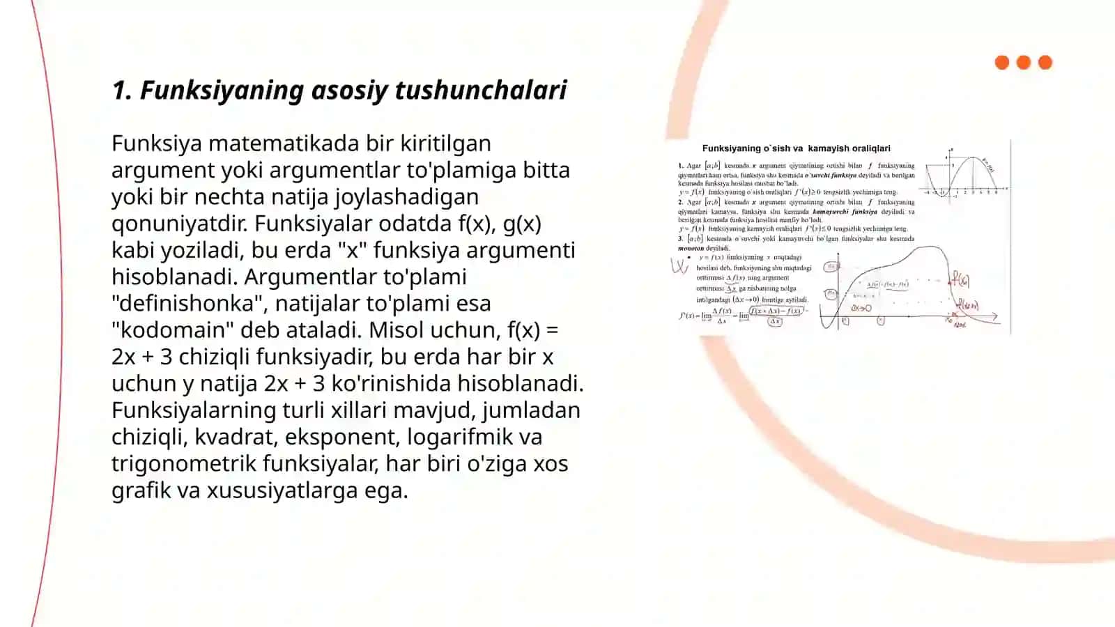 Funksiya xossalari. Juft va toq funksiyalar. Funksiyaning o'sishi va kamayishi 3