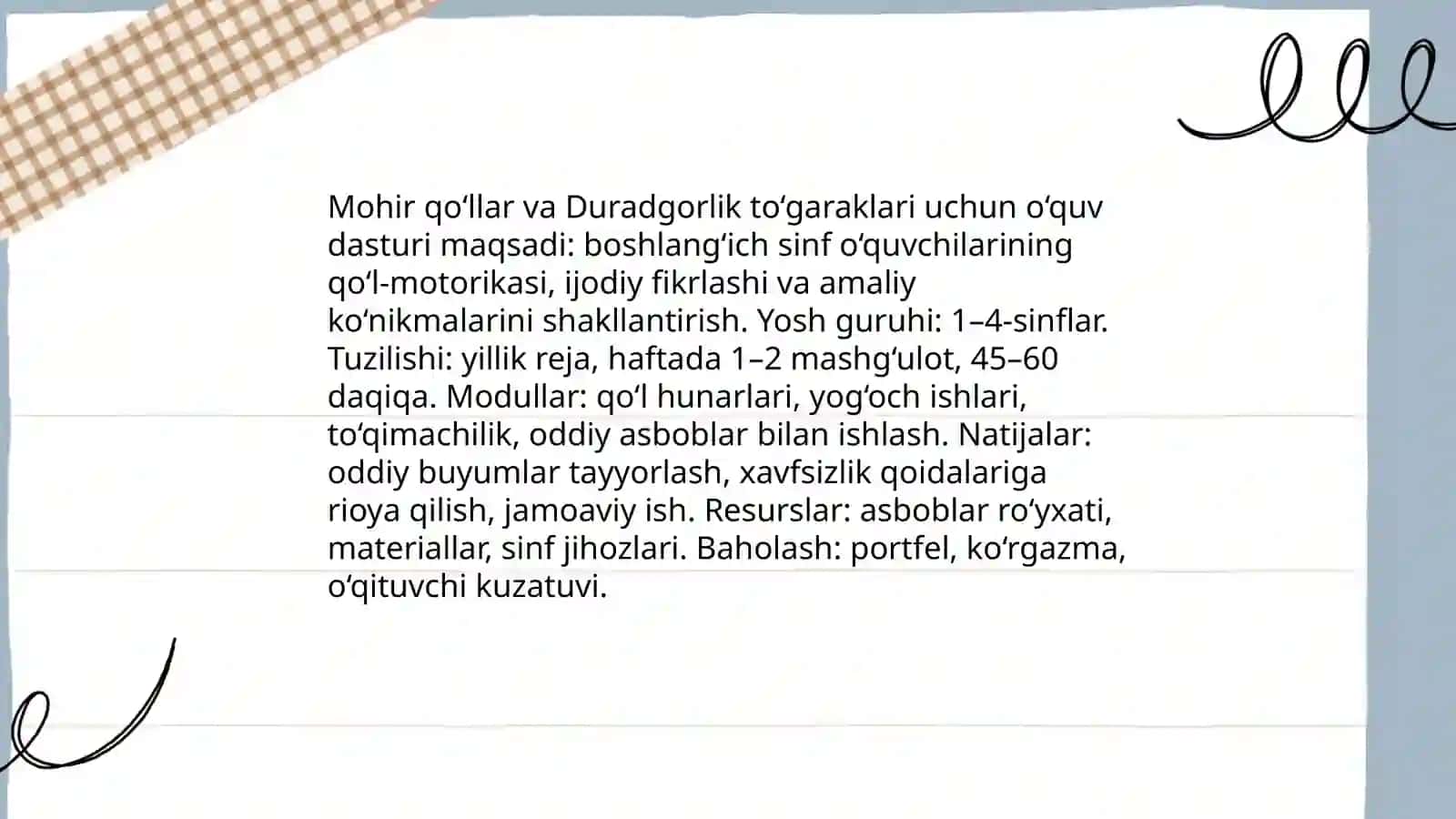 Boshlang‘ich sinfda sinfdan tashqari ishlarida texnologiya  mashg‘ulotlarini tashkil etishda  Mohir qo‘llar va Duradgorlik  to‘garaklari 3