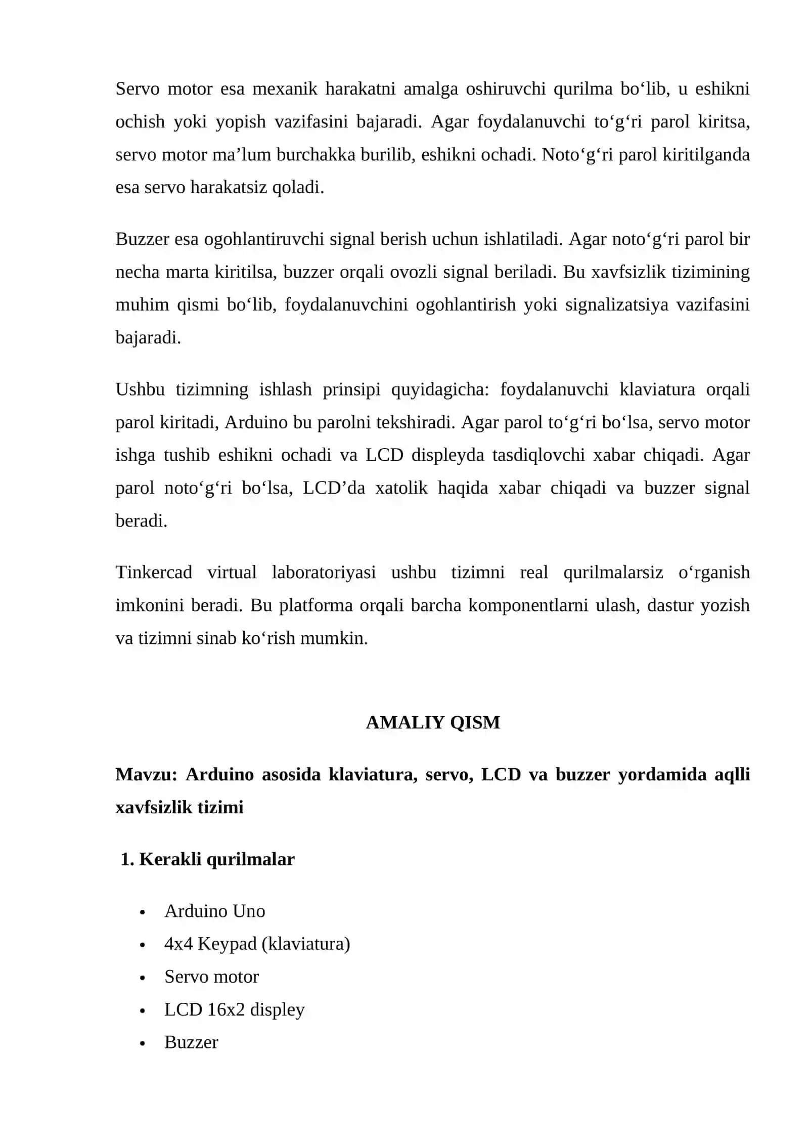 Arduino asosida klaviatura, servo motor, LCD displey va buzzer yordamida aqlli xavfsizlik tizimini yaratish 3