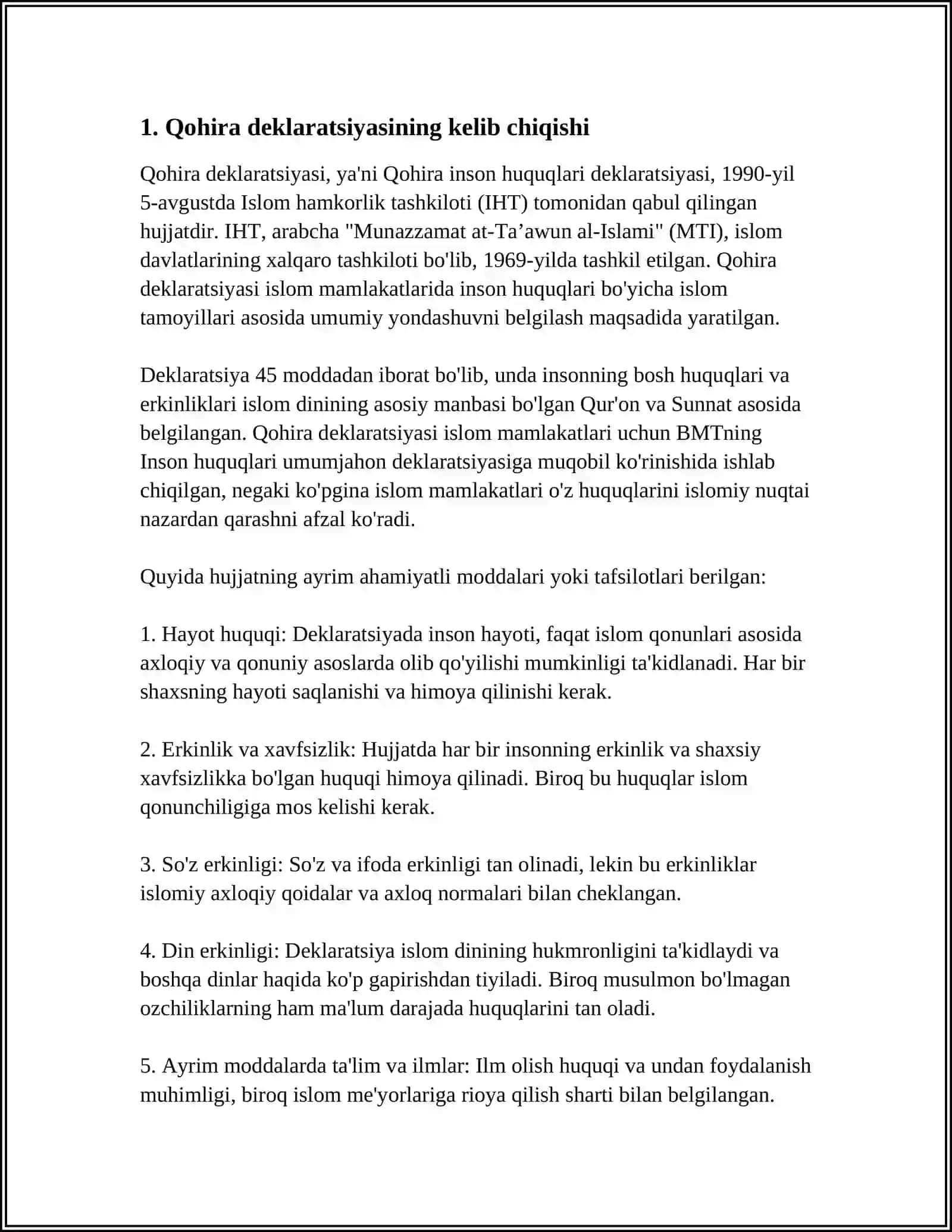 QOHIRA DEKLARATSIYASI TARIXI VA MAZMUNI BORASIDA TAHLILLIY MAQOLA TAYORLASH 3