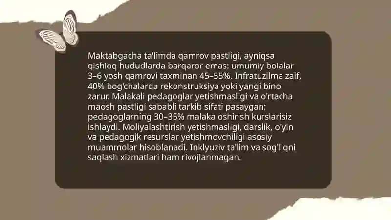 Maktabgacha, umumiy o'rta, professional ta'limning mavjud holati, muammolari va rivojlanish yo'llari 3