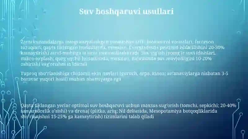 Sho'rlangan yerlarda dastlabki o'zlashtirish ekinlarini yetishtirish texnalogiyalari 3