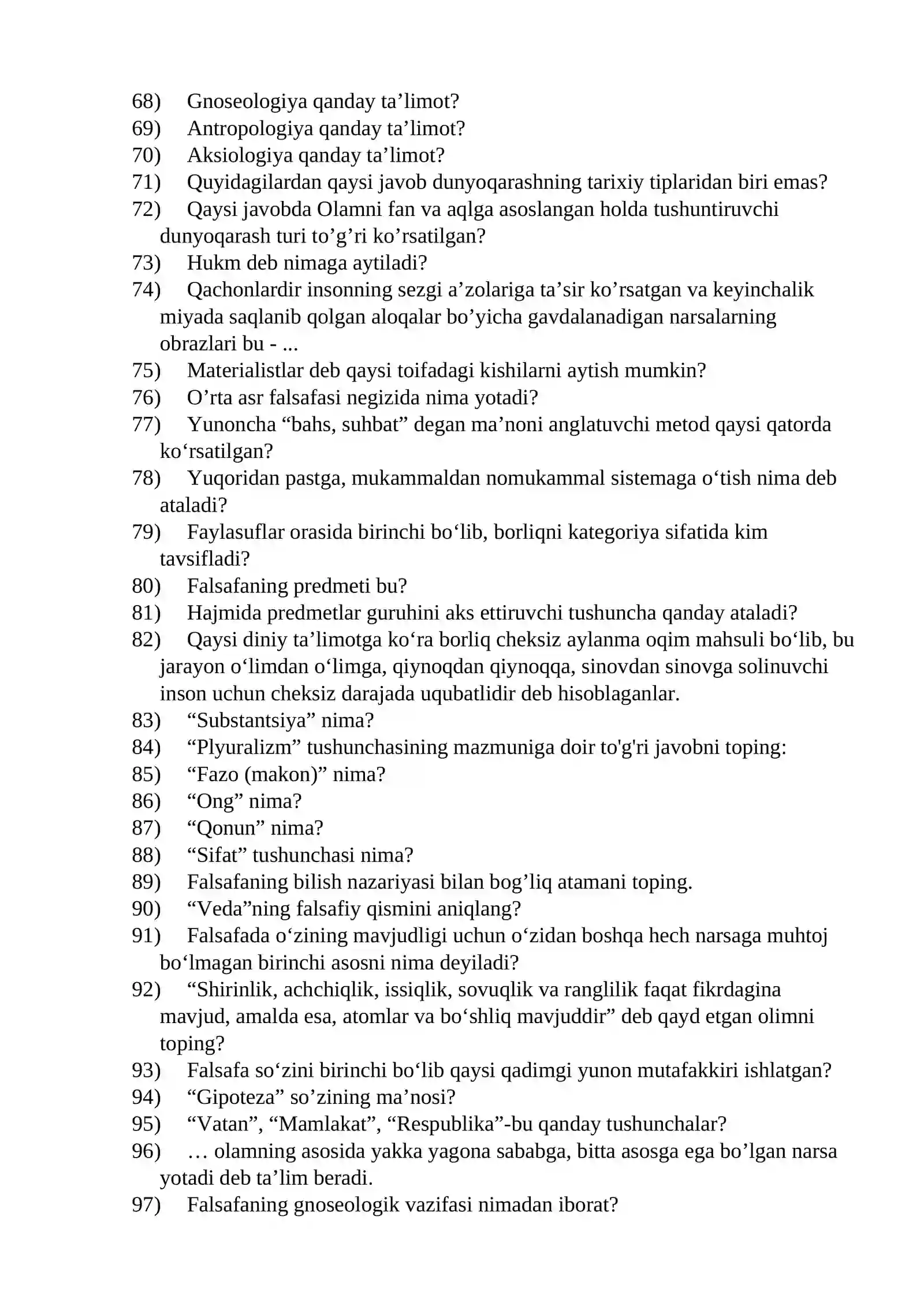 FALSAFA fanidan yakuniy nazorat test savollari 3