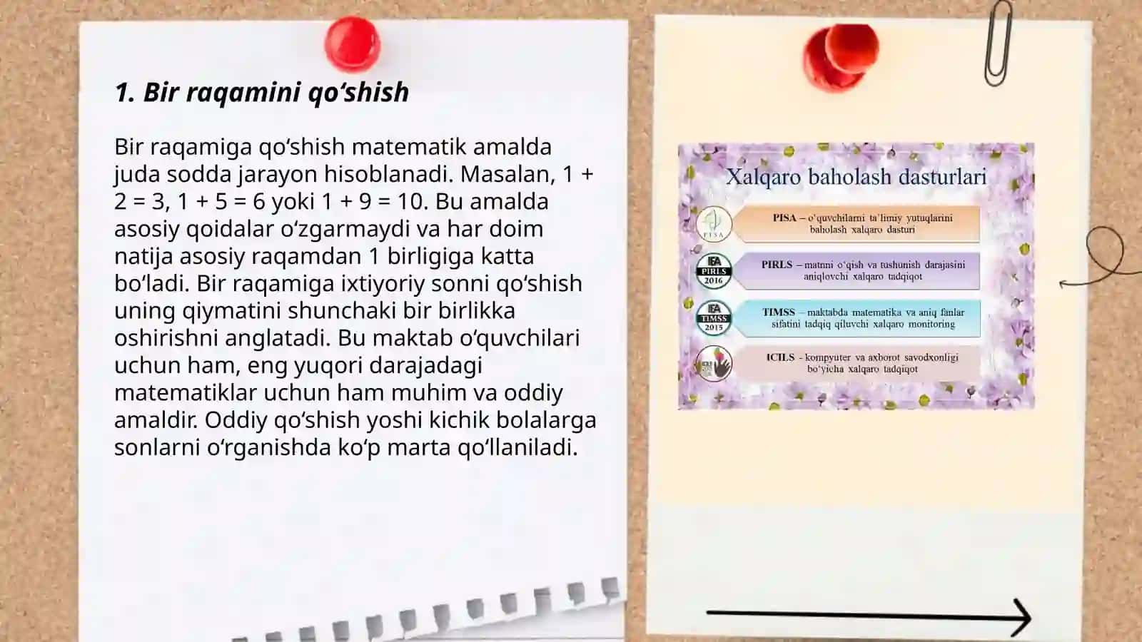 1 dan 20 gacha bo'lgan sonlar doirasida hisoblash malakasini oshirish.Xalqaro o'quv dasturlarini qo'llash 3
