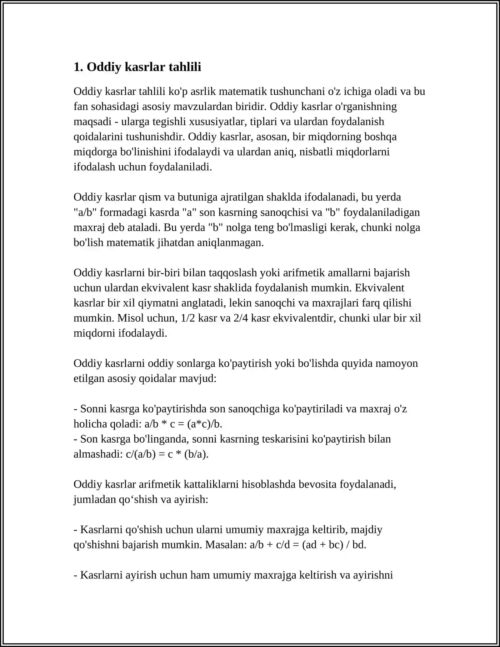 ODDIY KASRLAR OʻNLI VA CHEKSIZ DAVRIY OʻNLI KASRLAR ALGEBRAIK IFODALAR 3