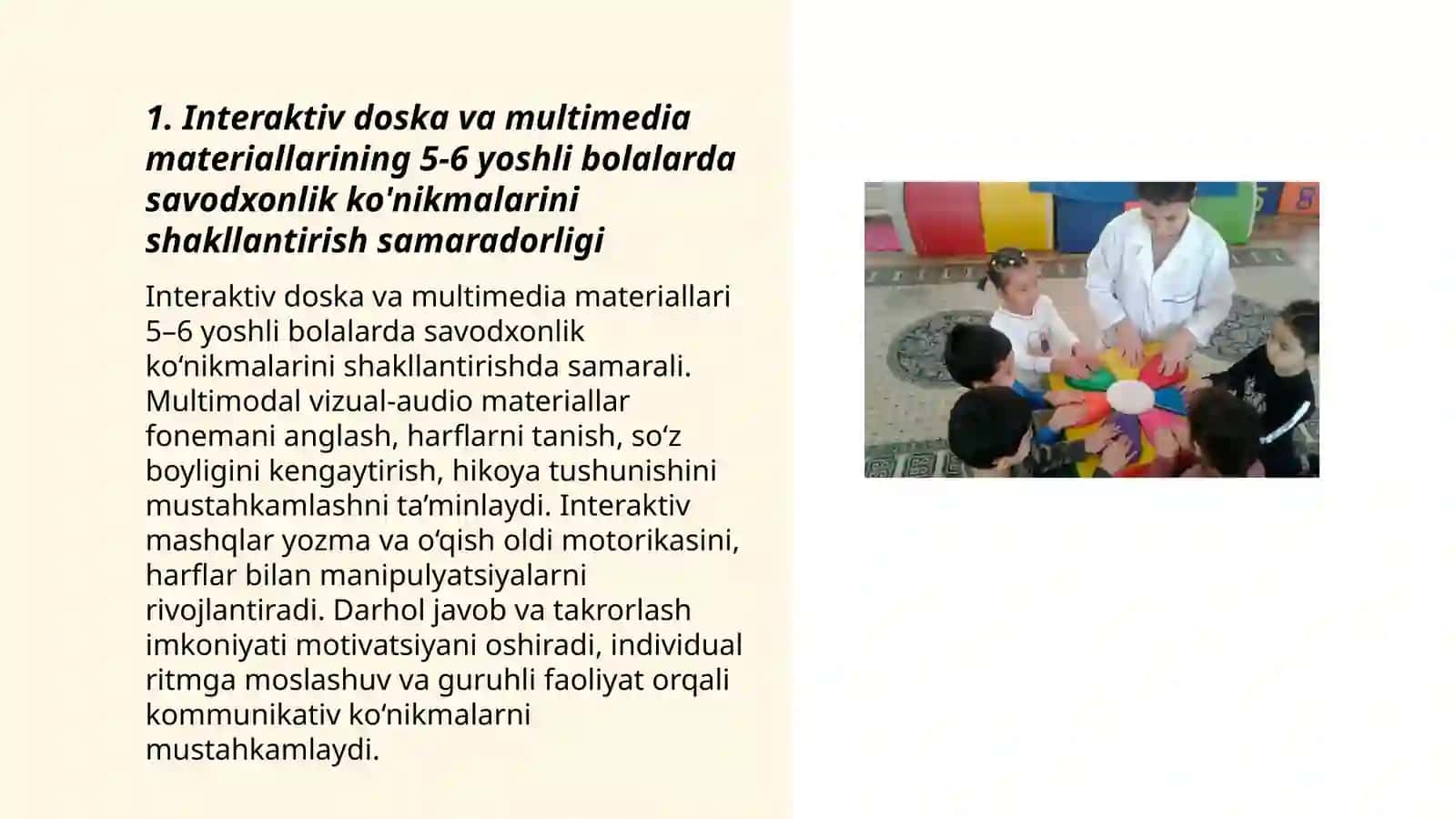 5-6 yoshli bolalarni savodxonlikka o'rgatish ta'limiy faoliyati jarayonida qo'llanilayotgan zamonaviy ta'lim texnologiyalarini tadbiq etish natijadorligi 3