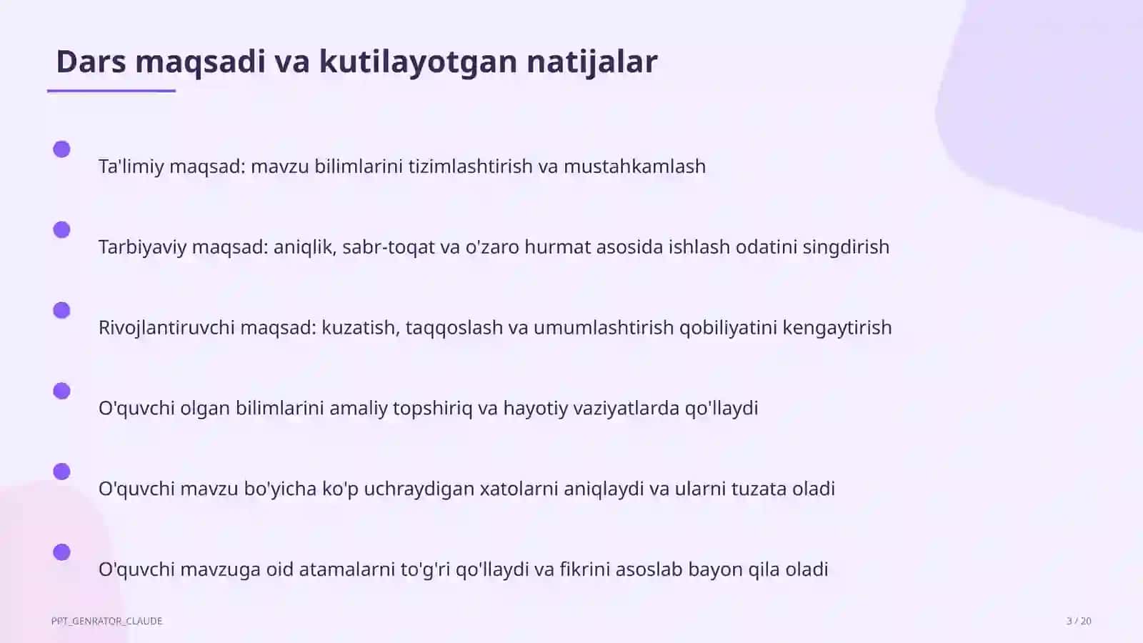 Dars tahlili: kuzatuv va baholash mezonlari 3