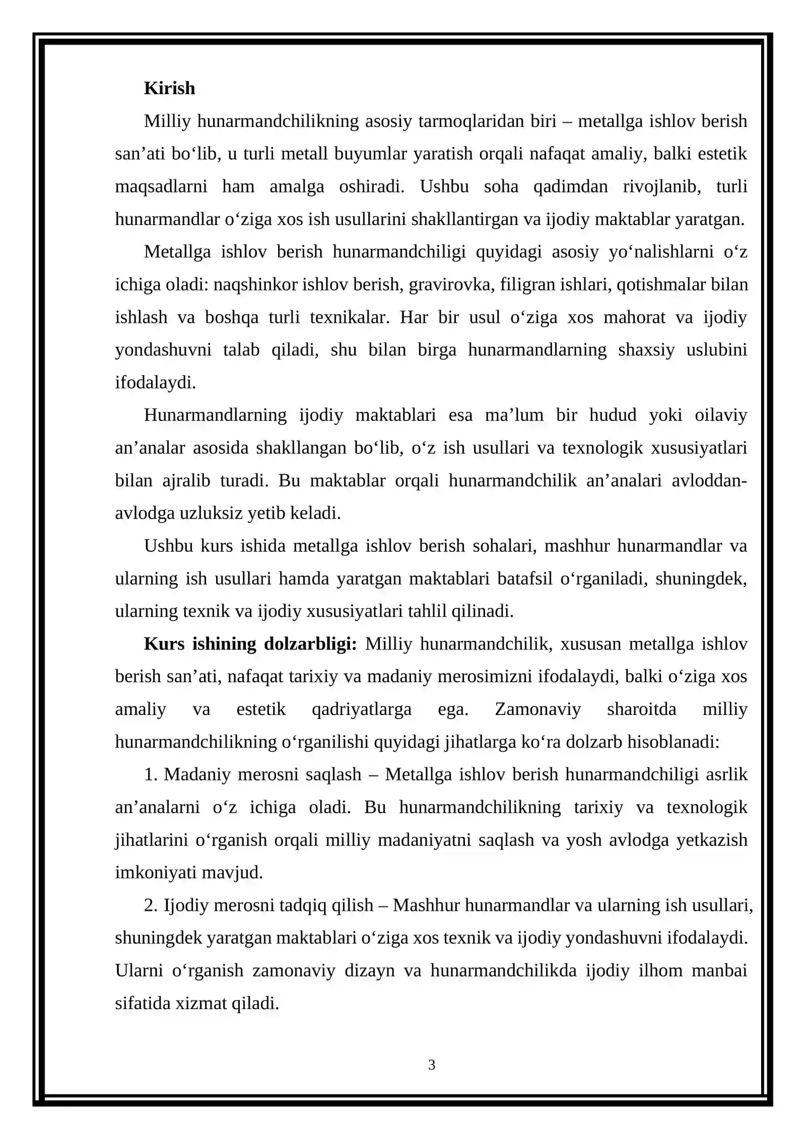 "Metallga ishlov berishga asoslangan milliy xalq hunarmandchiligi" kurs ishi 3