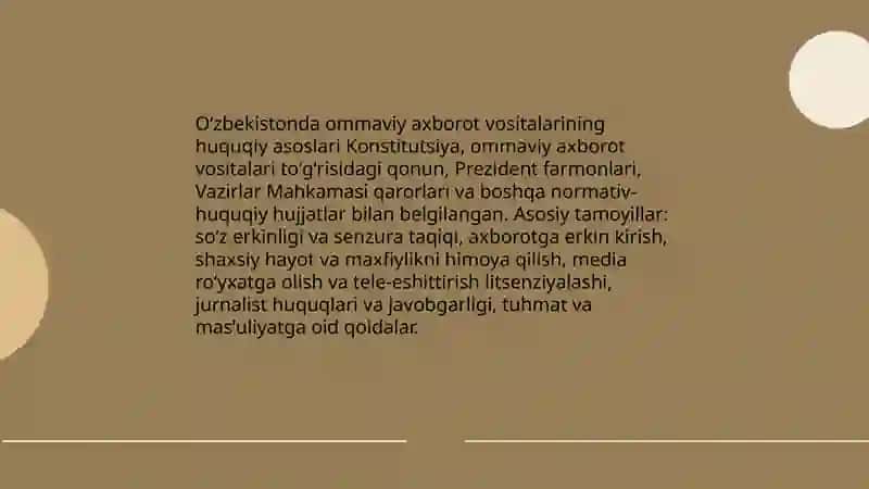 Oʻzbekistonda ommaviy axborot vositalarining huquqiy asoslari 3