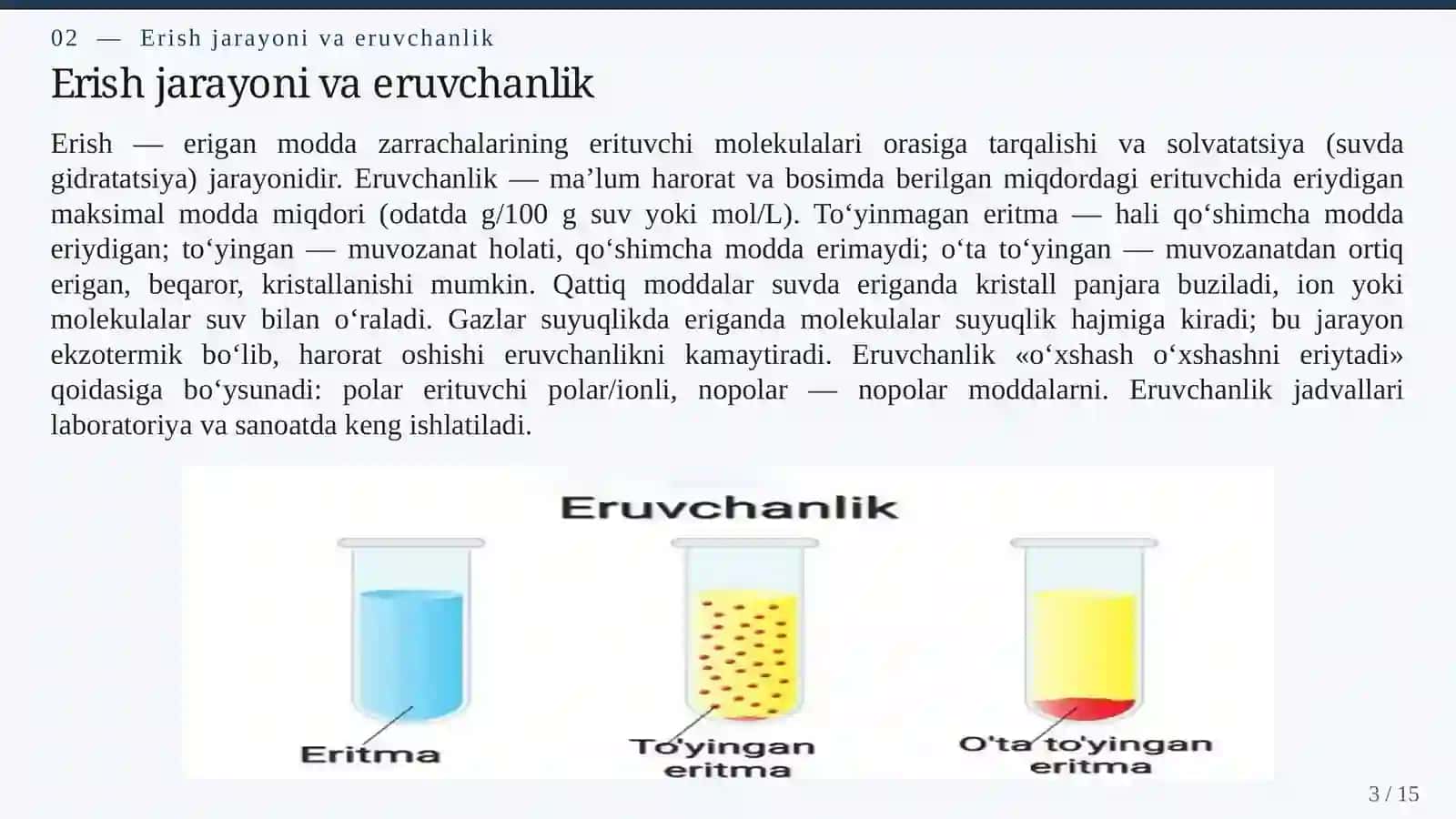 ERITMALAR: KONSENTRATSIYA, ERUVCHANLIK VA ERITMALARNING FIZIK-KIMYOVIY XOSSALARI 3