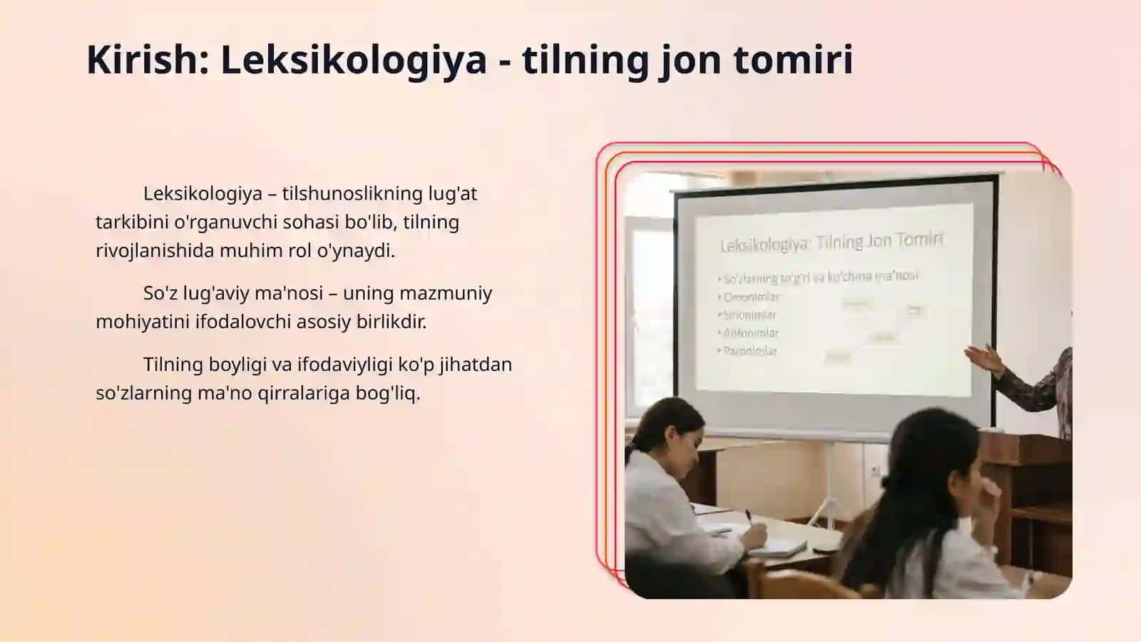 Leksikologiya. So'zlarning to'g'ri va ko'chma ma'nosi (omonim, sinonim, antonim, paronim so'zlar). 3