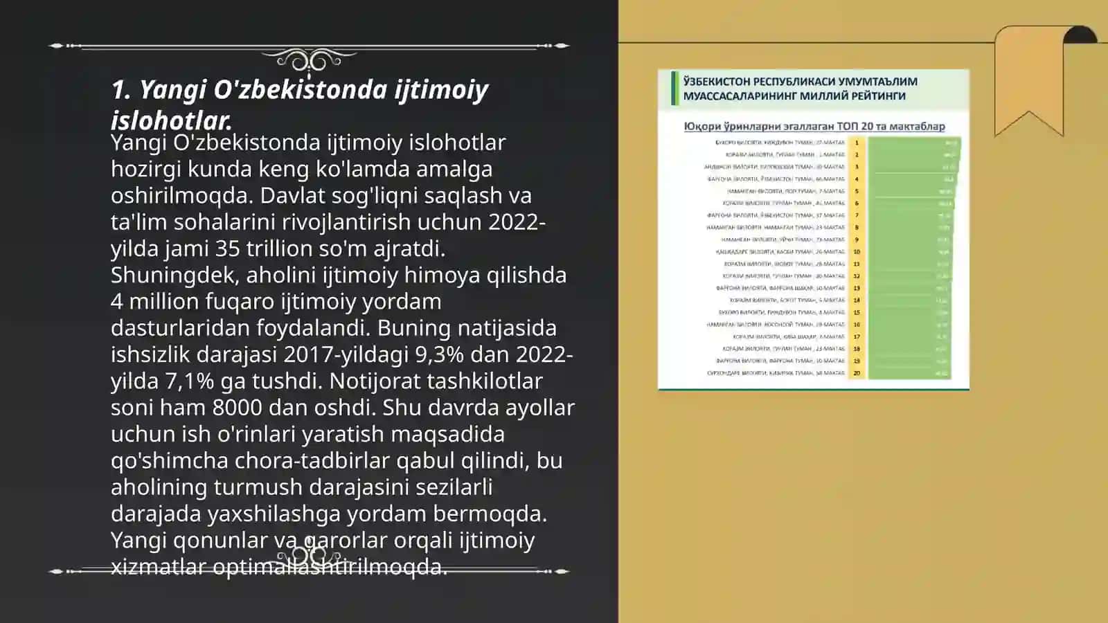 Yangi O'zbekiston ijtimoiy siyoaiy, iqtisodiy madaniy hayotda ro'y berayotgan ozgarishlarning xalqaro reytingi 3