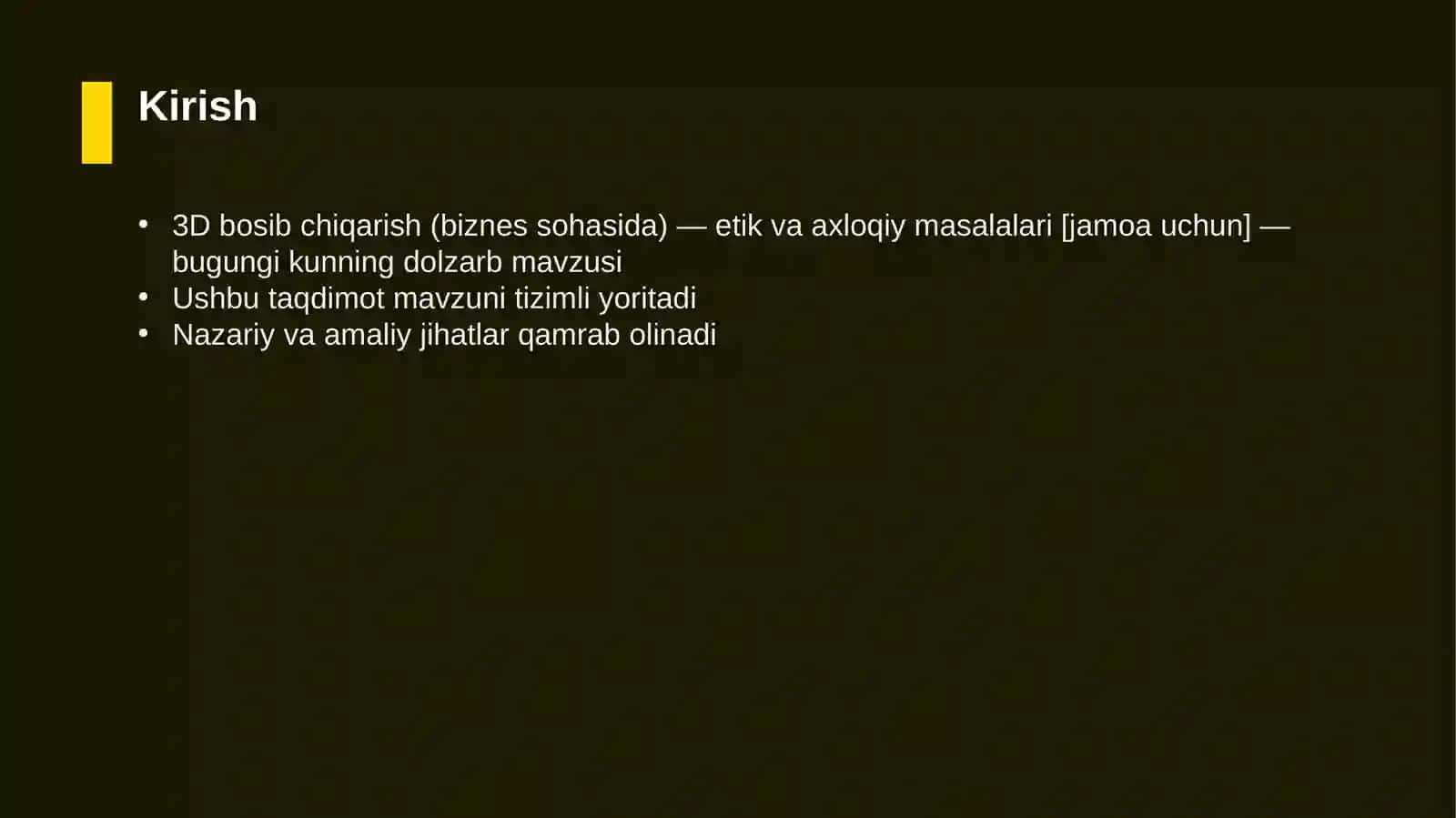 3D bosib chiqarish (biznes sohasida) — etik va axloqiy masalalari [jamoa uchun] 3