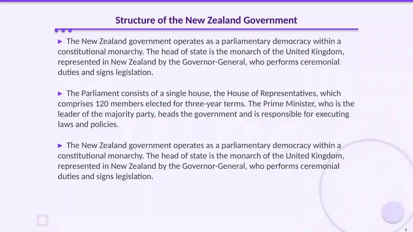 The Government, state symbols, political parties and education system of New Zealand 3