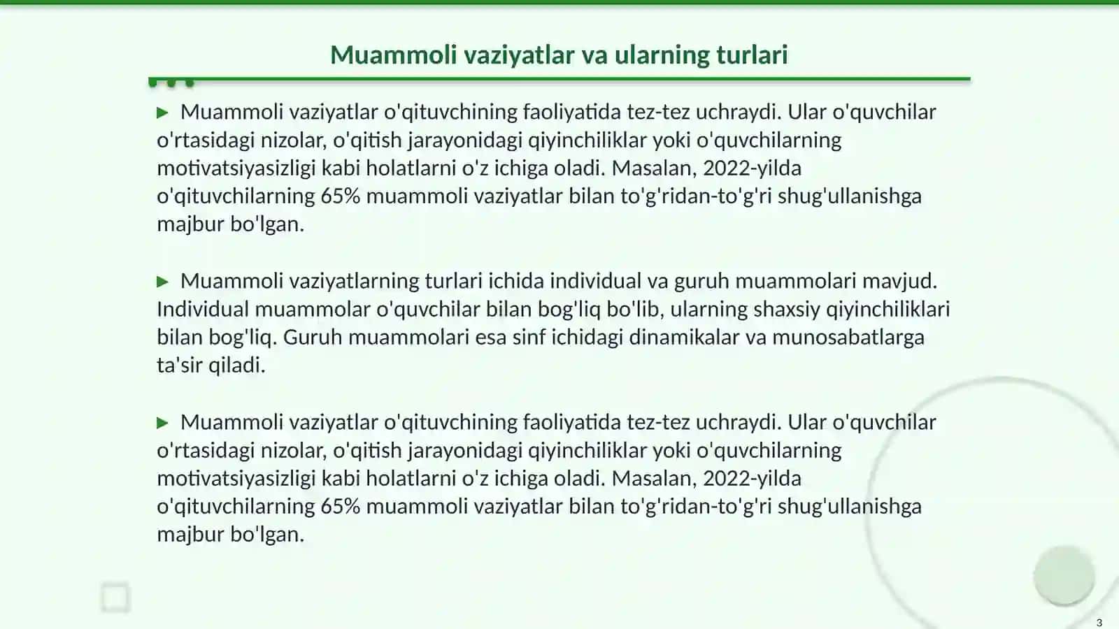 Oʻqituvchi faoliyatida muammoli vaziyatlarni hal qilish kompetensiyasi 3
