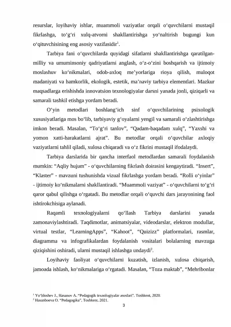 INNOVATION TALIM TEXNOLOGIYALARIDAN FOYDALANIB BOSHLAN'ICH SINF O'QUVCHILARIGA TARBIYA FANINI O'QITISH METODIKASI 3