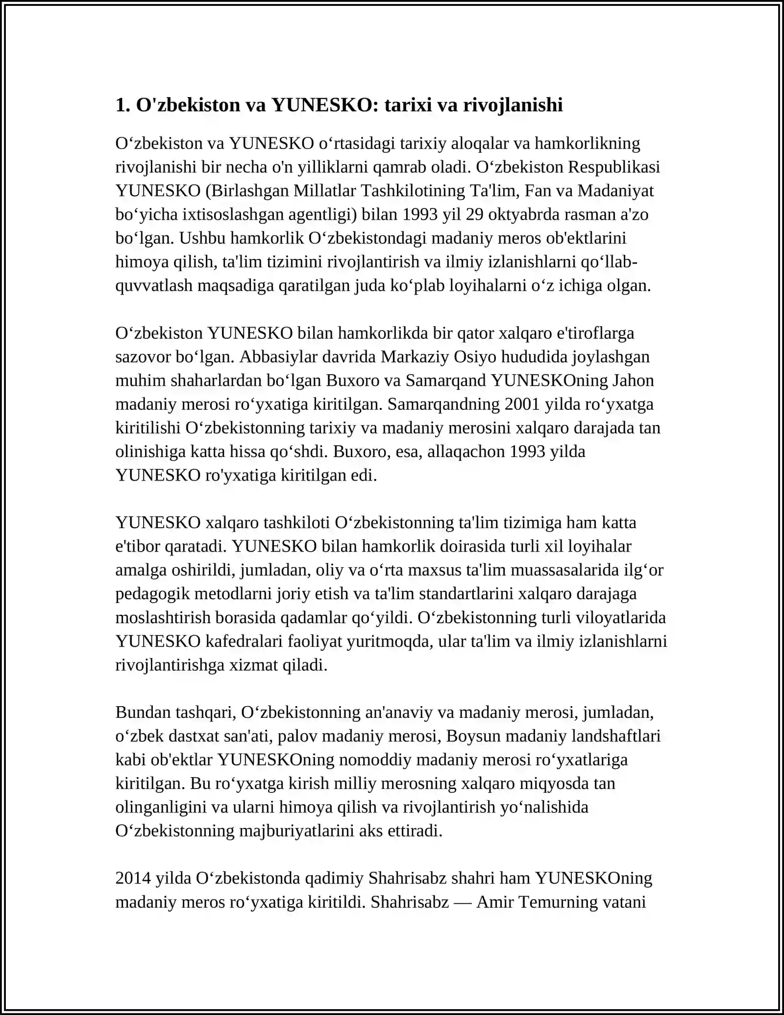 O'ZBEKISTON VA YUNESKO O'RTASIDAGI MUNOSABATLAR 3