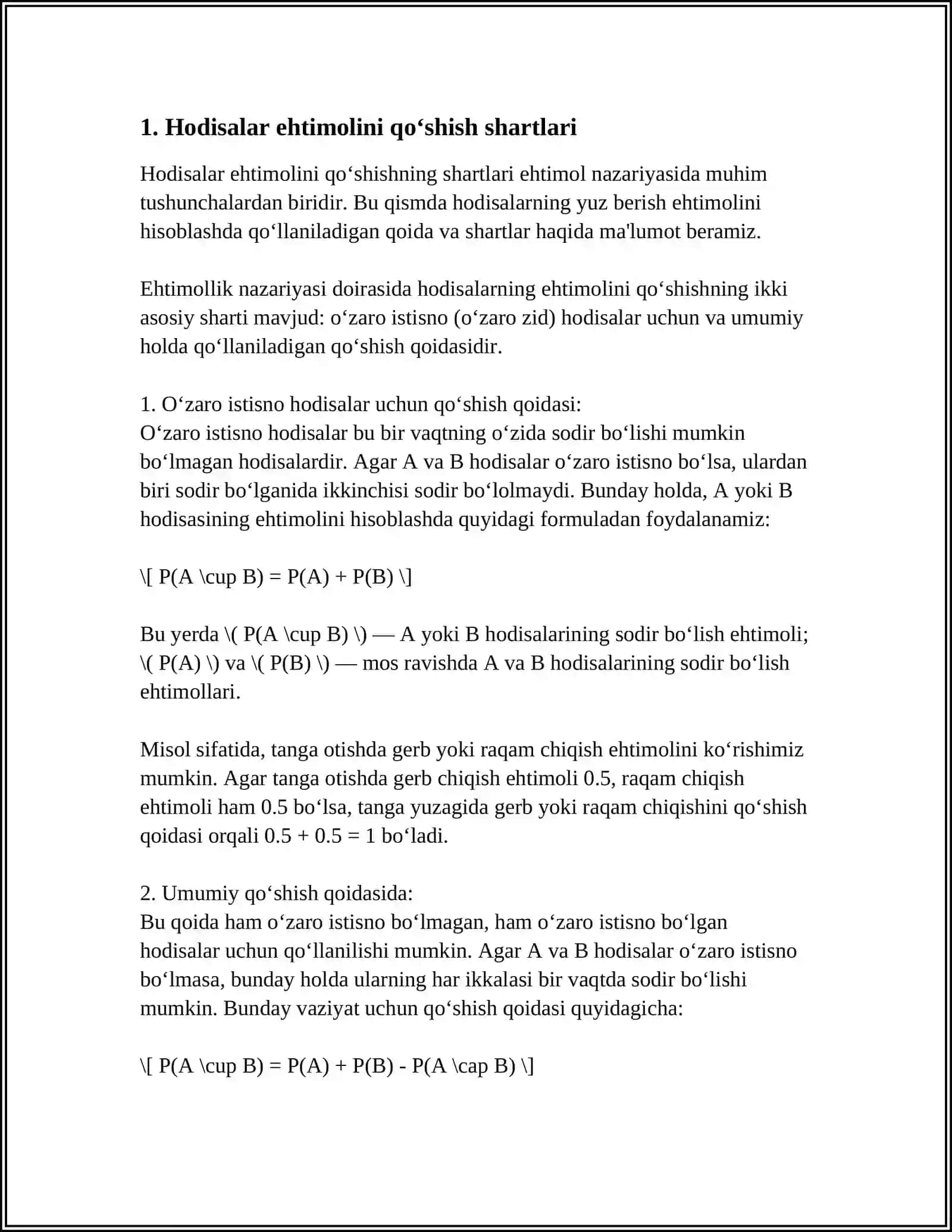EHTIMOLLARNI QOʻSHISH VA KOʻPAYTIRISH TEOREMALARI TEOREMALARIGA DOIR AMALIY TOPSHIRIQLAR BAJARISH 3